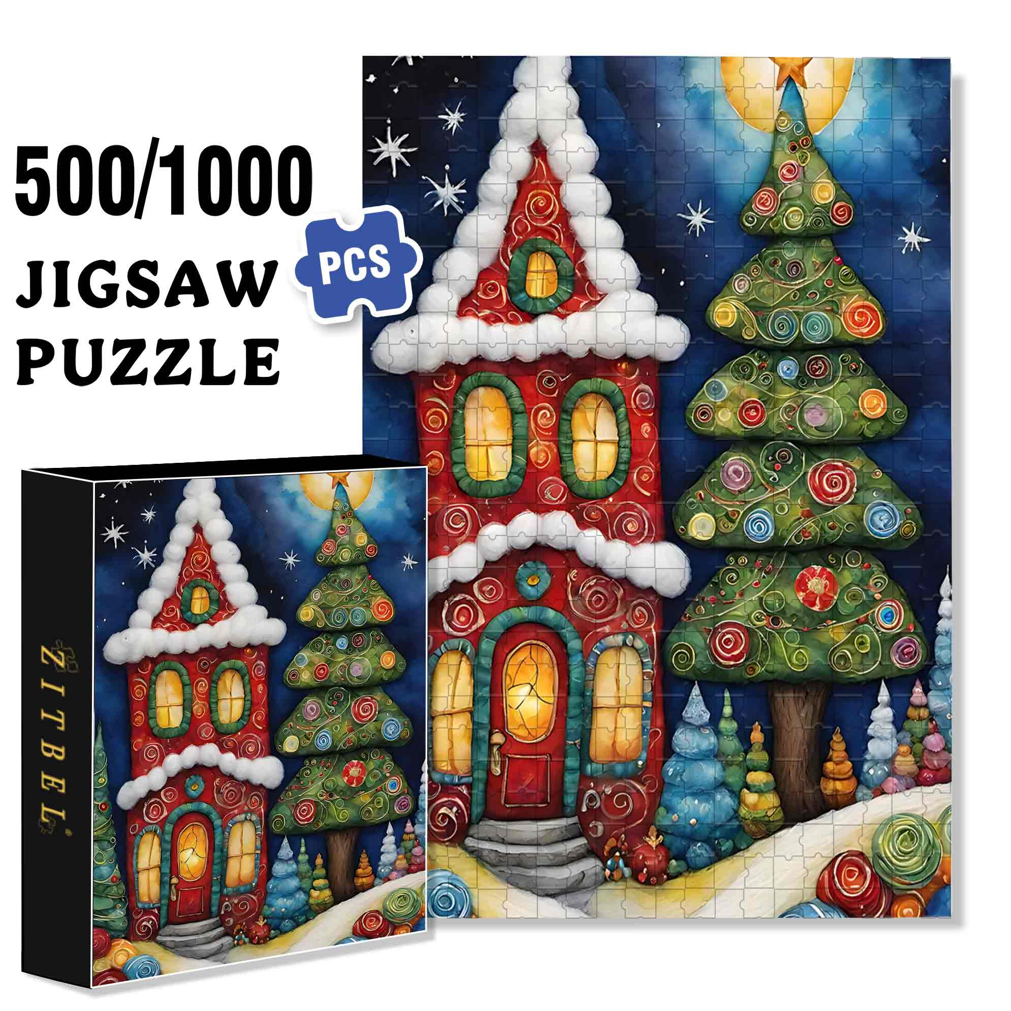 Christmas House 500pcs/1000pcs Jigsaw Puzzle, Scratch-Resistant, Paper Material, Interactive Family Game & Brain-Boosting DIY Decor, Perfect for Halloween, Christmas & New Year Gifts, Family Puzzle Game