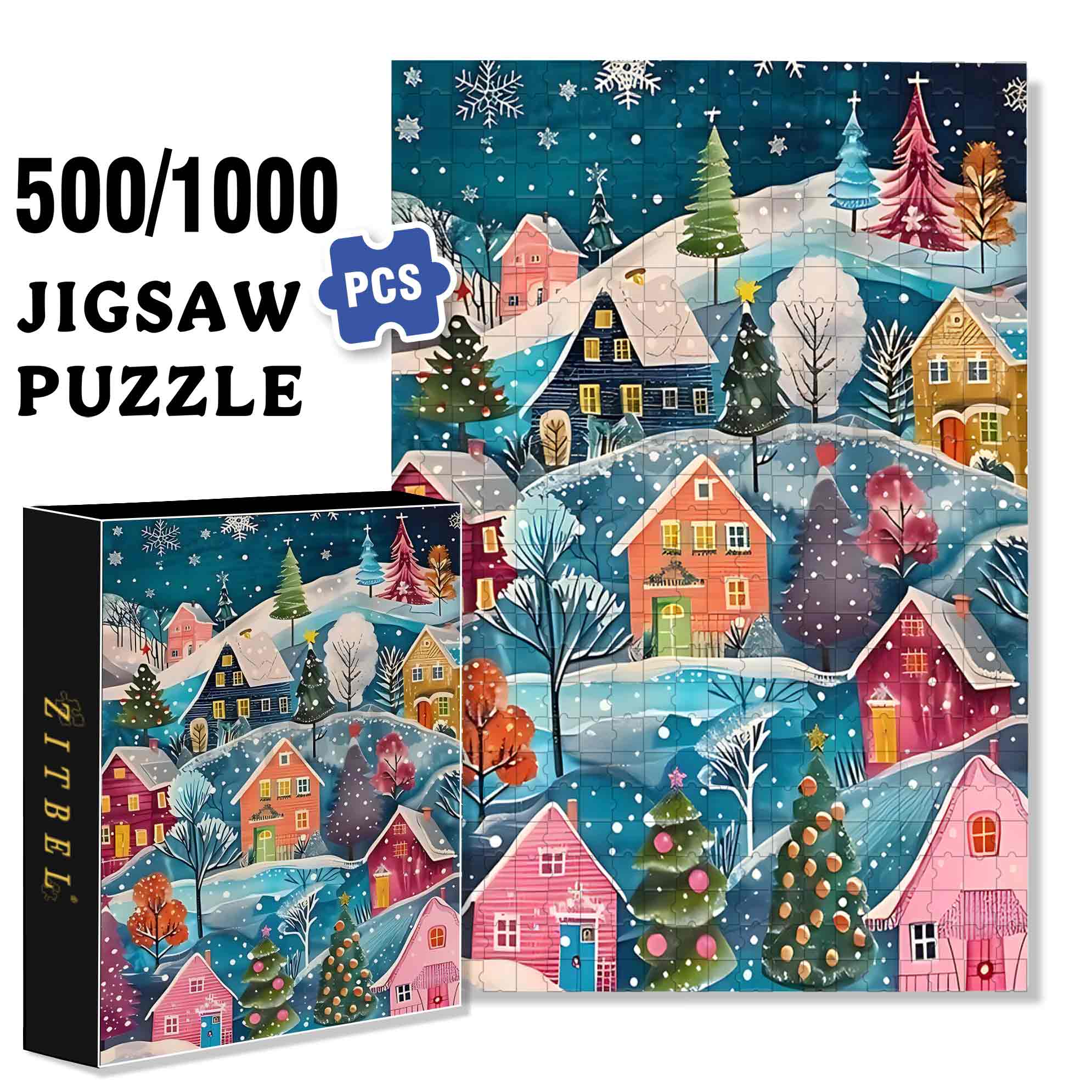 Christmas Village 500pcs/1000pcs Jigsaw Puzzle, Scratch-Resistant, Paper Material, Interactive Family Game & Brain-Boosting DIY Decor, Perfect for Halloween, Christmas & New Year Gifts, Family Puzzle Game