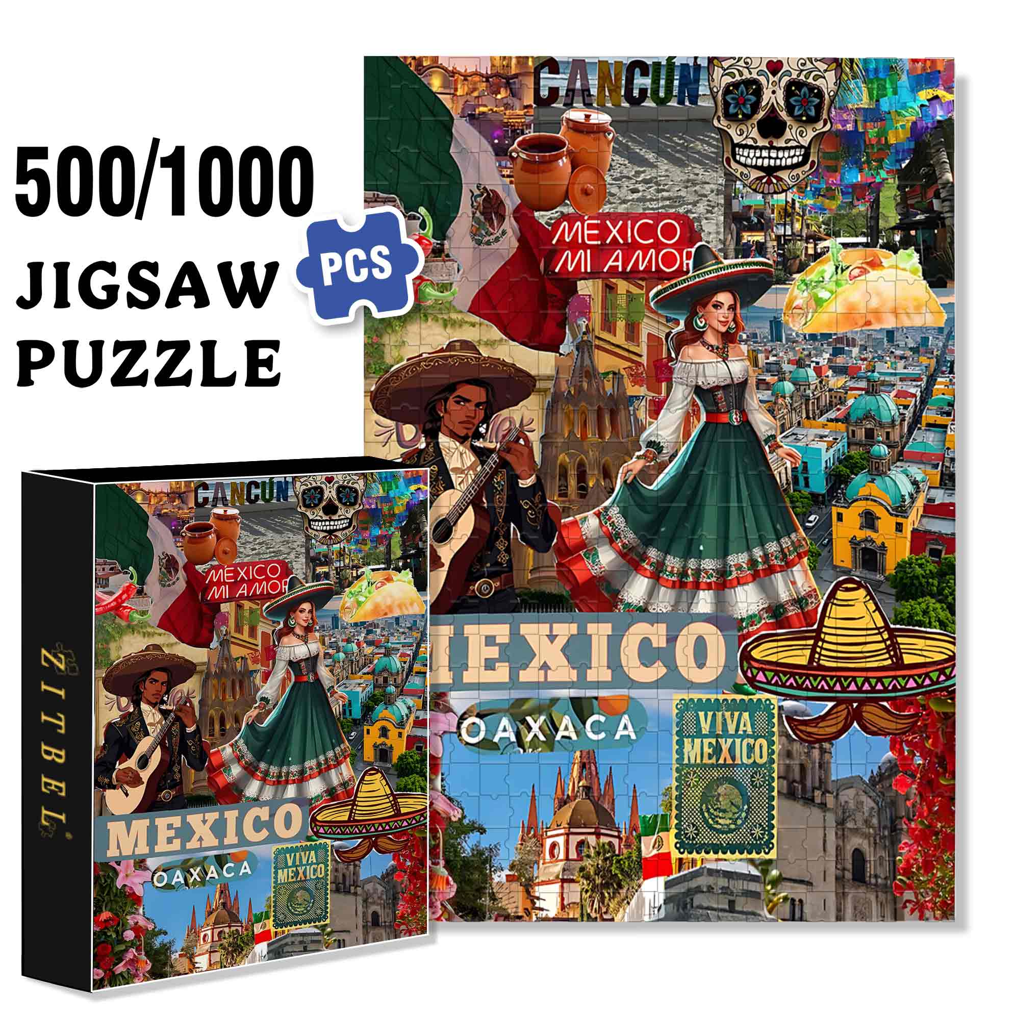 Mexican Charm 500pcs/1000pcs Jigsaw Puzzle, Scratch-Resistant, Paper Material, Interactive Family Game & Brain-Boosting DIY Decor, Perfect for Halloween, Christmas & New Year Gifts, Family Puzzle Game