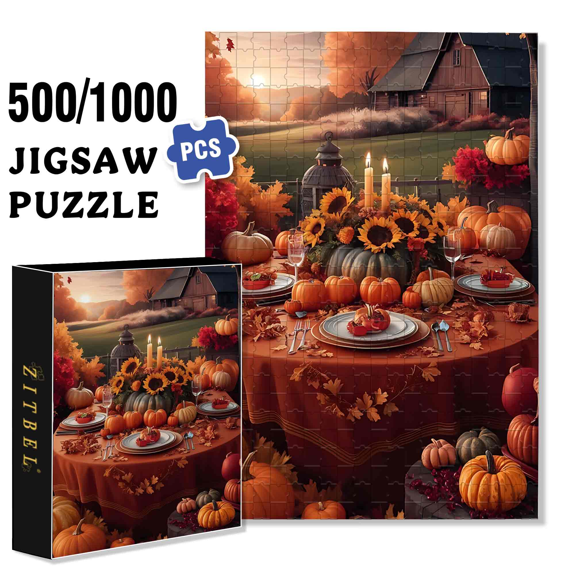 Thanksgiving Dinner 500pcs/1000pcs Jigsaw Puzzle, Scratch-Resistant, Paper Material, Interactive Family Game & Brain-Boosting DIY Decor, Perfect for Halloween, Christmas & New Year Gifts, Family Puzzle Game