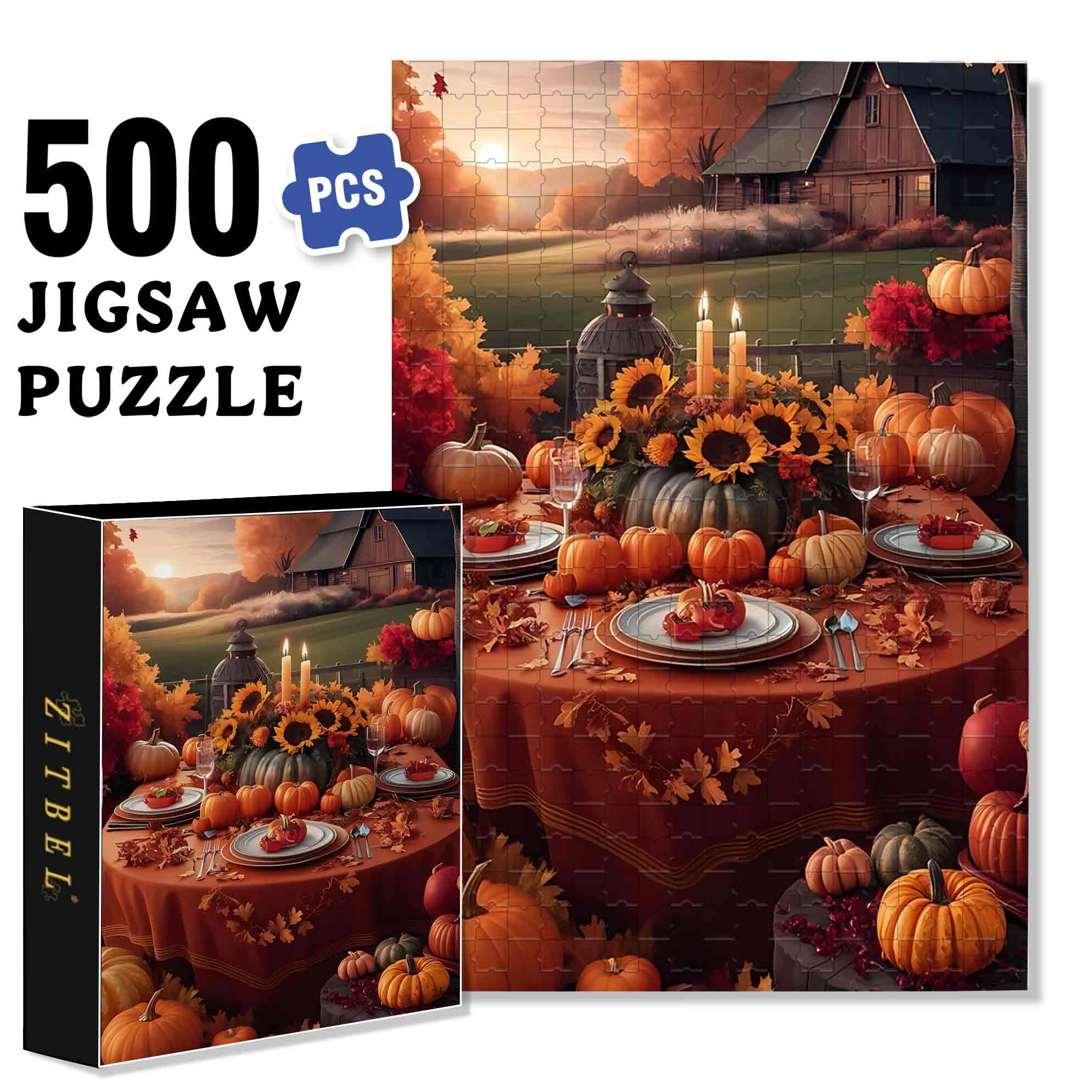 Thanksgiving Dinner 500pcs/1000pcs Jigsaw Puzzle, Scratch-Resistant, Paper Material, Interactive Family Game & Brain-Boosting DIY Decor, Perfect for Halloween, Christmas & New Year Gifts, Family Puzzle Game