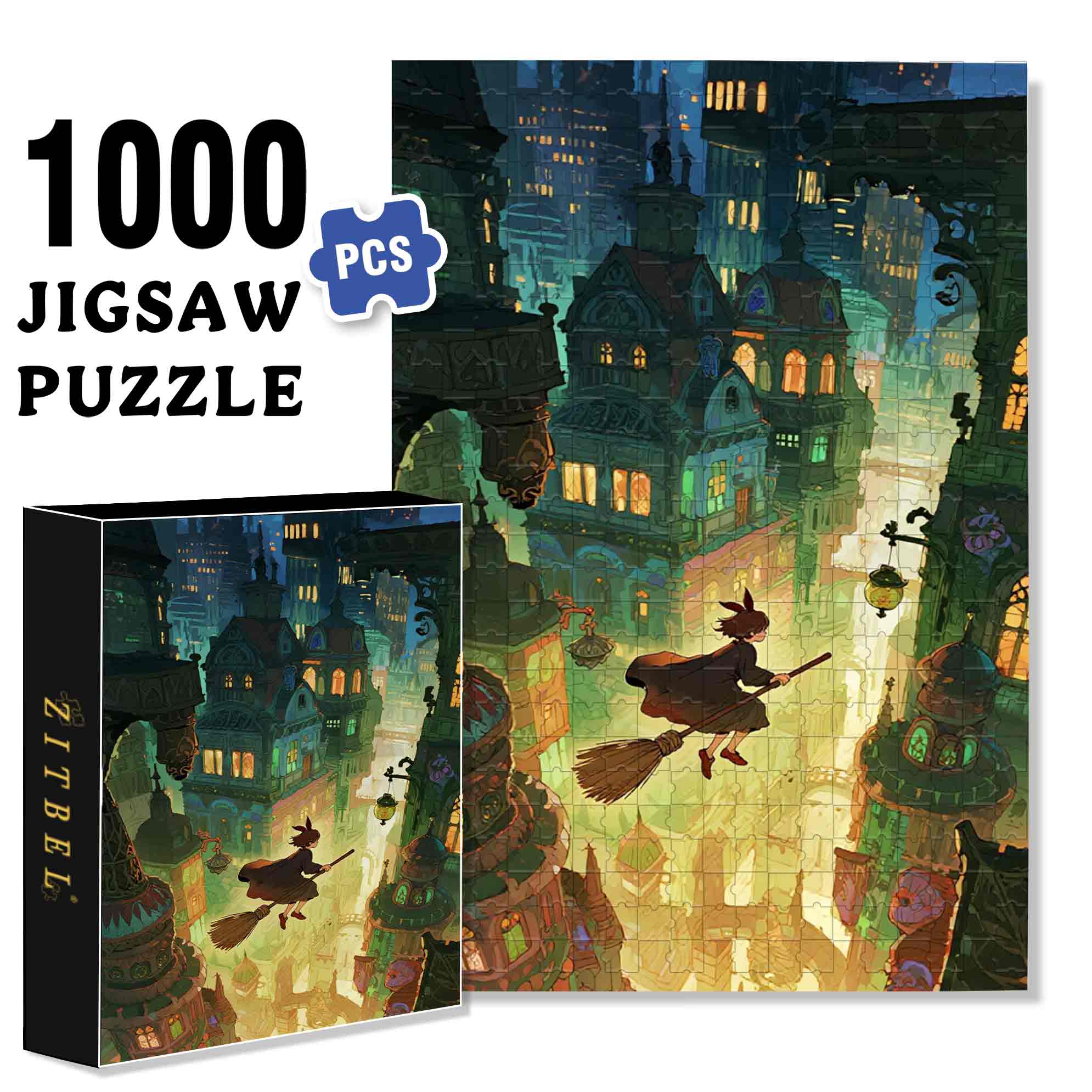 The Girl Riding A Broomstick 500pcs/1000pcs Jigsaw Puzzle, Scratch-Resistant, Paper Material, Interactive Family Game & Brain-Boosting DIY Decor, Perfect for Halloween, Christmas & New Year Gifts, Family Puzzle Game