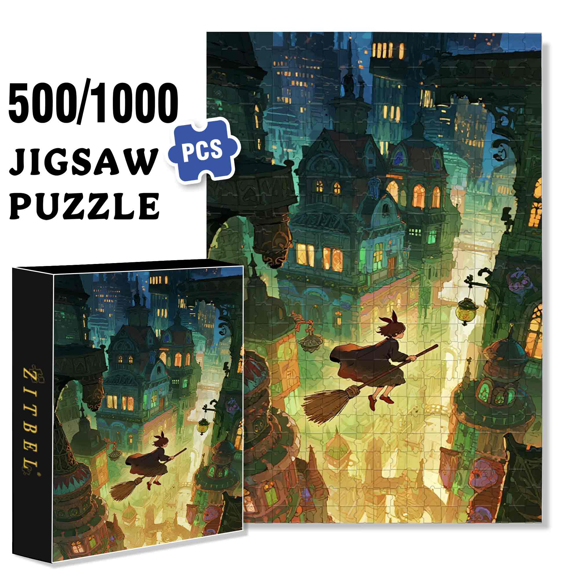 The Girl Riding A Broomstick 500pcs/1000pcs Jigsaw Puzzle, Scratch-Resistant, Paper Material, Interactive Family Game & Brain-Boosting DIY Decor, Perfect for Halloween, Christmas & New Year Gifts, Family Puzzle Game