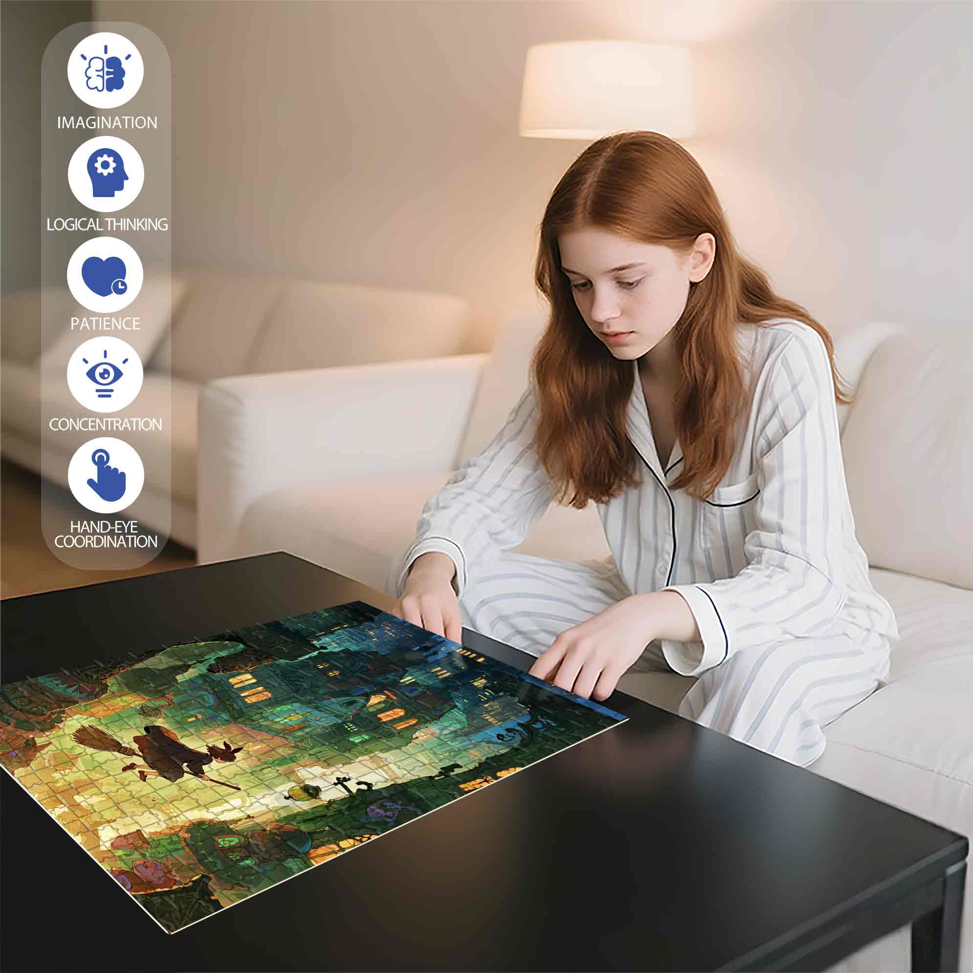 The Girl Riding A Broomstick 500pcs/1000pcs Jigsaw Puzzle, Scratch-Resistant, Paper Material, Interactive Family Game & Brain-Boosting DIY Decor, Perfect for Halloween, Christmas & New Year Gifts, Family Puzzle Game