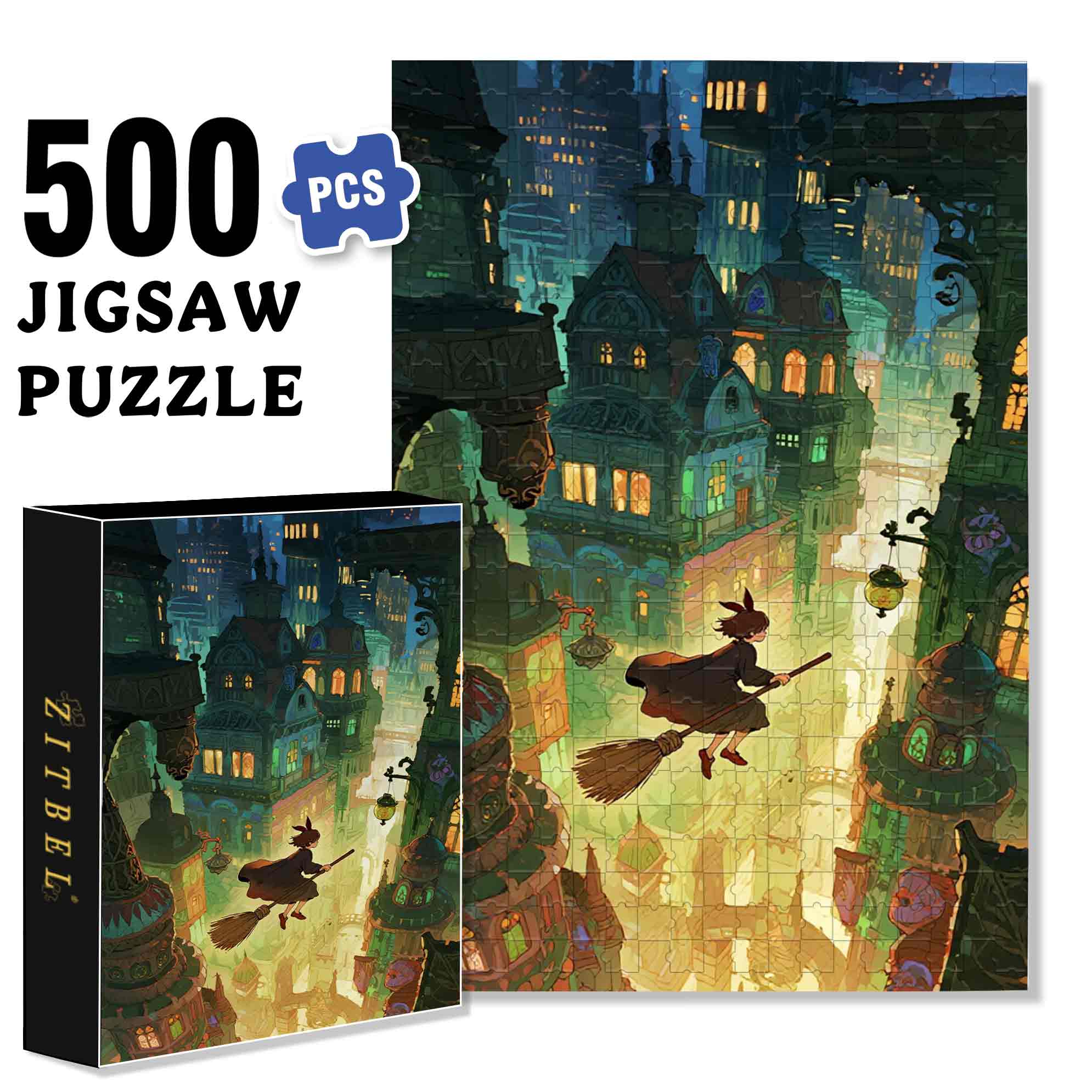 The Girl Riding A Broomstick 500pcs/1000pcs Jigsaw Puzzle, Scratch-Resistant, Paper Material, Interactive Family Game & Brain-Boosting DIY Decor, Perfect for Halloween, Christmas & New Year Gifts, Family Puzzle Game