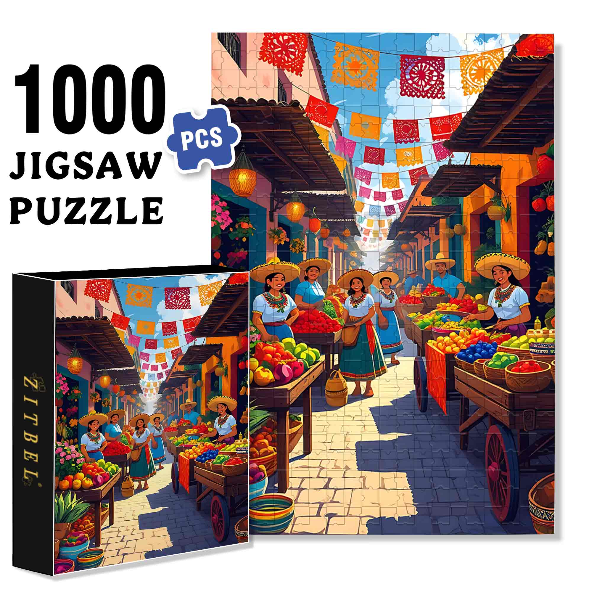 The Mexican Market 500pcs/1000pcs Jigsaw Puzzle, Scratch-Resistant, Paper Material, Interactive Family Game & Brain-Boosting DIY Decor, Perfect for Halloween, Christmas & New Year Gifts, Family Puzzle Game