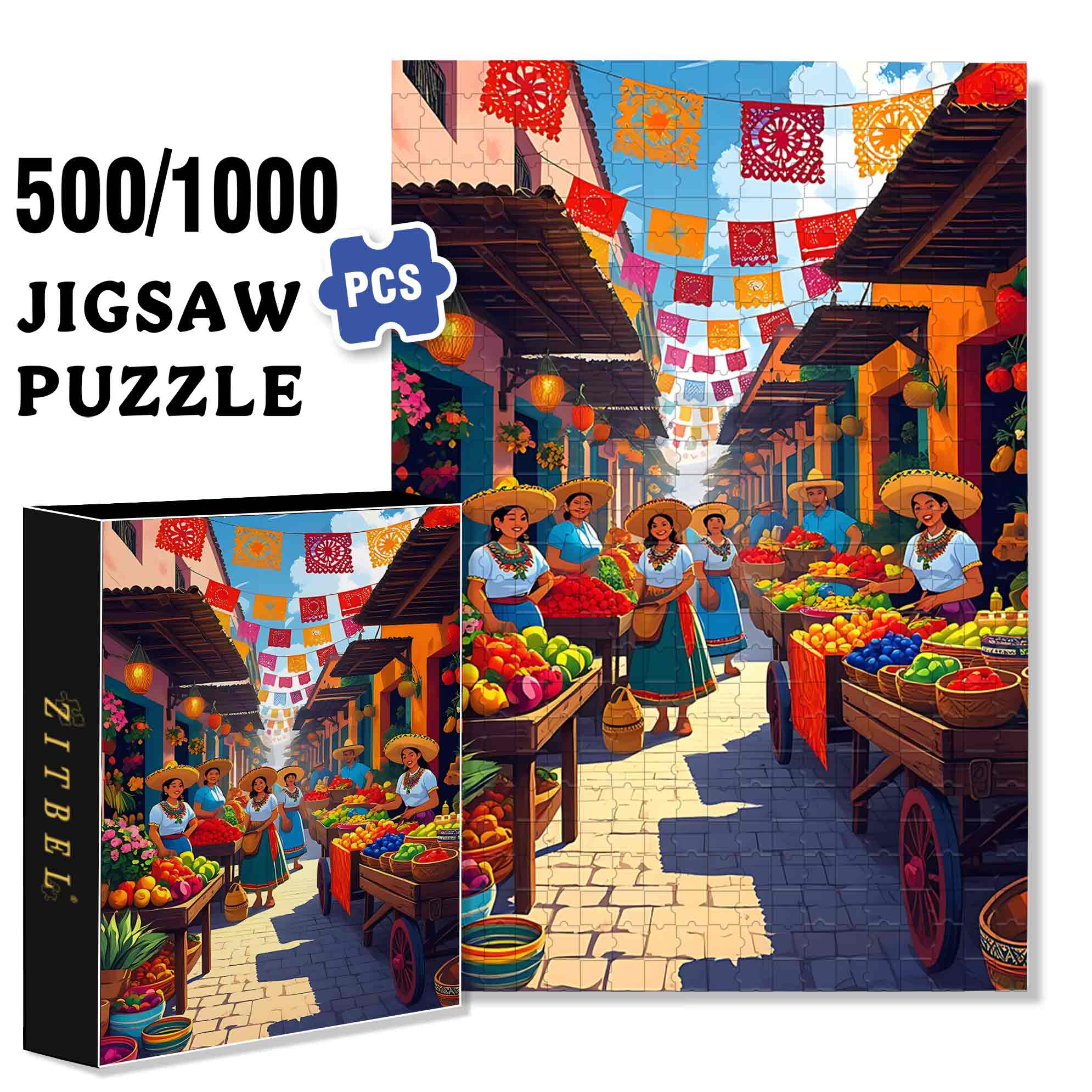The Mexican Market 500pcs/1000pcs Jigsaw Puzzle, Scratch-Resistant, Paper Material, Interactive Family Game & Brain-Boosting DIY Decor, Perfect for Halloween, Christmas & New Year Gifts, Family Puzzle Game