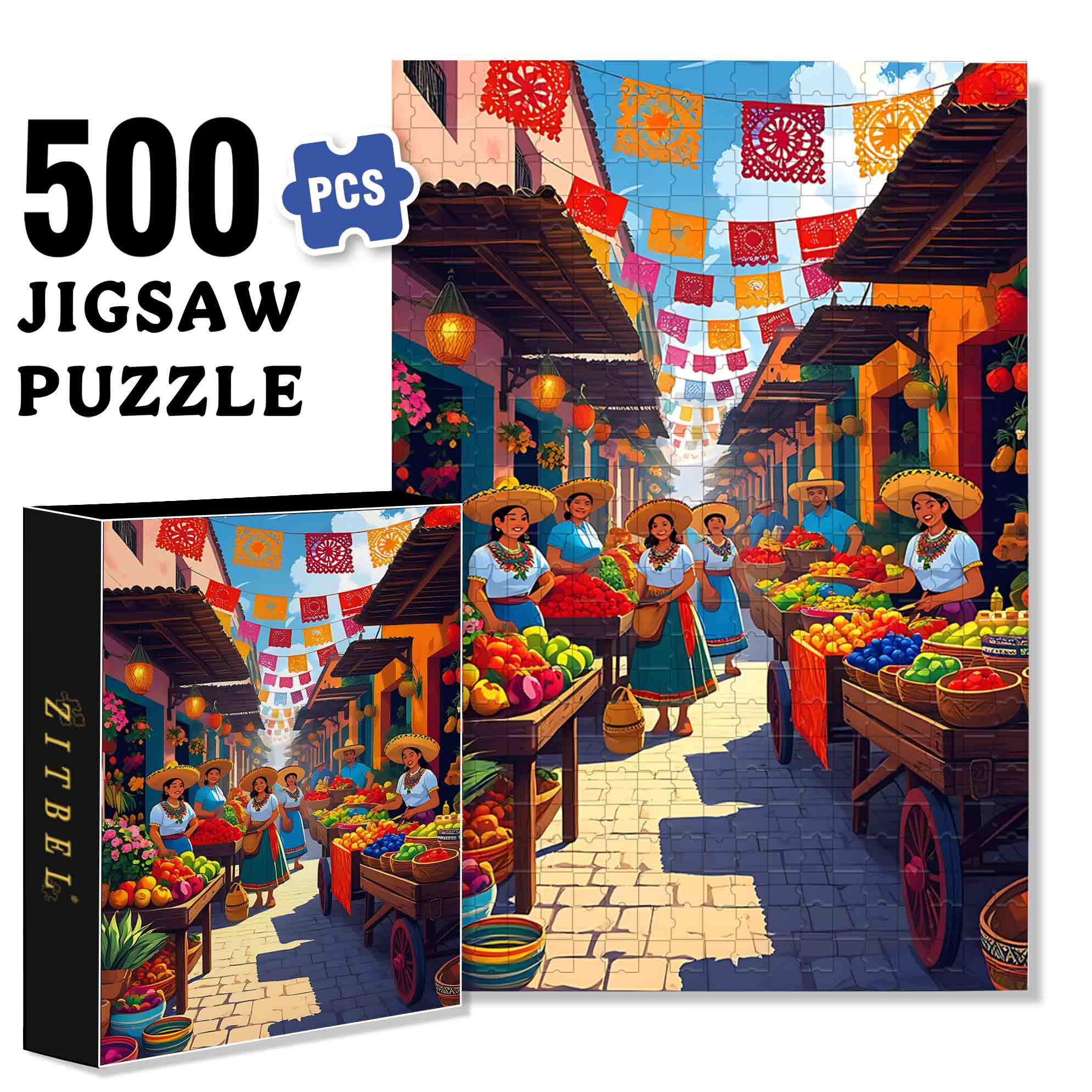The Mexican Market 500pcs/1000pcs Jigsaw Puzzle, Scratch-Resistant, Paper Material, Interactive Family Game & Brain-Boosting DIY Decor, Perfect for Halloween, Christmas & New Year Gifts, Family Puzzle Game