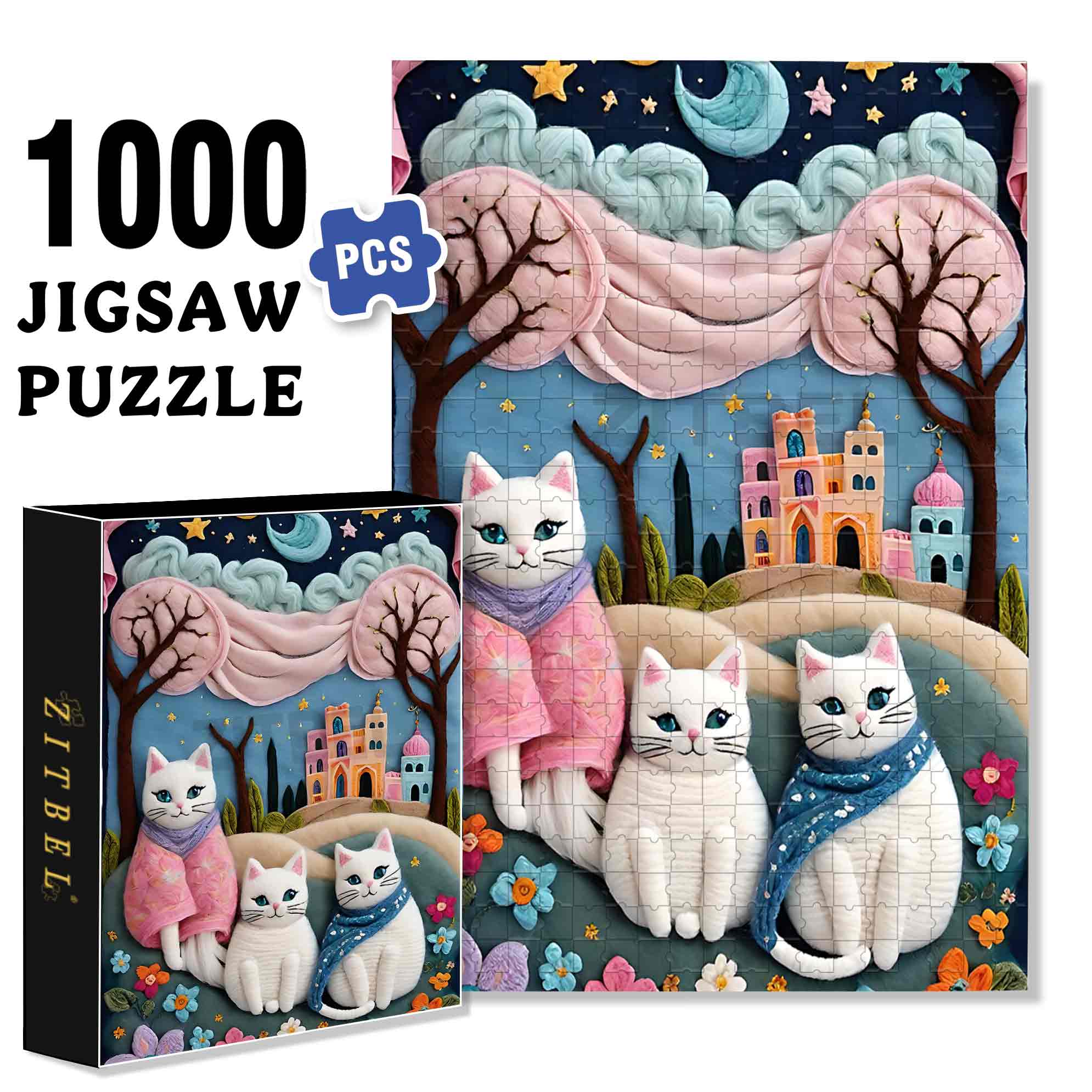 Three White Cats 500pcs/1000pcs Jigsaw Puzzle, Scratch-Resistant, Paper Material, Interactive Family Game & Brain-Boosting DIY Decor, Perfect for Halloween, Christmas & New Year Gifts, Family Puzzle Game
