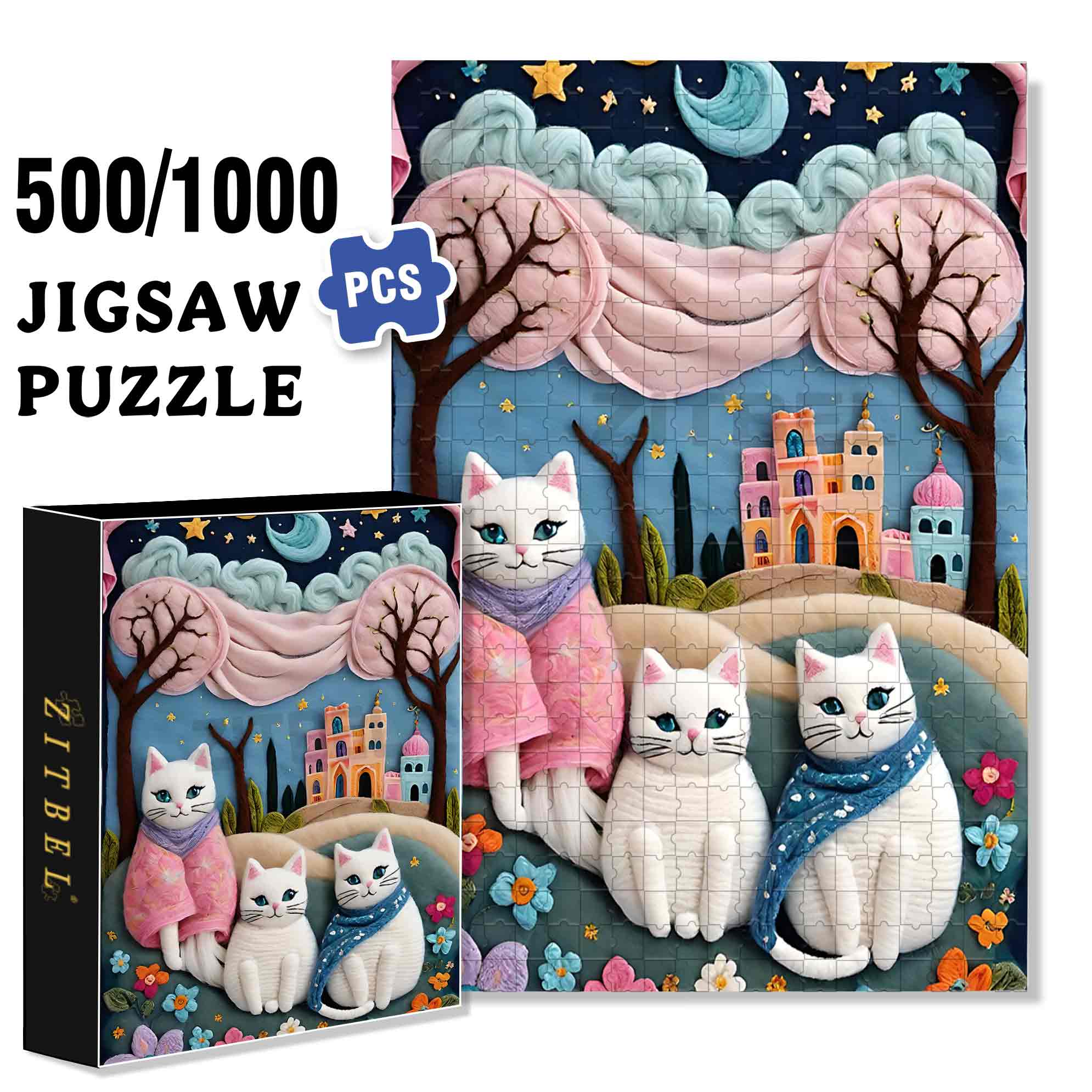 Three White Cats 500pcs/1000pcs Jigsaw Puzzle, Scratch-Resistant, Paper Material, Interactive Family Game & Brain-Boosting DIY Decor, Perfect for Halloween, Christmas & New Year Gifts, Family Puzzle Game