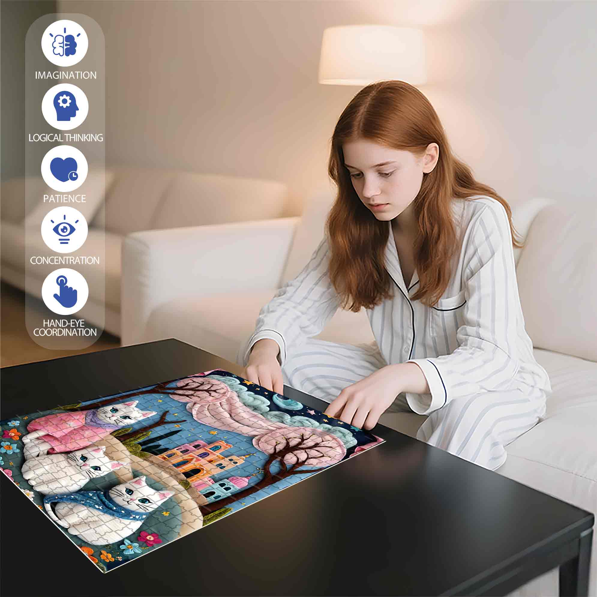 Three White Cats 500pcs/1000pcs Jigsaw Puzzle, Scratch-Resistant, Paper Material, Interactive Family Game & Brain-Boosting DIY Decor, Perfect for Halloween, Christmas & New Year Gifts, Family Puzzle Game