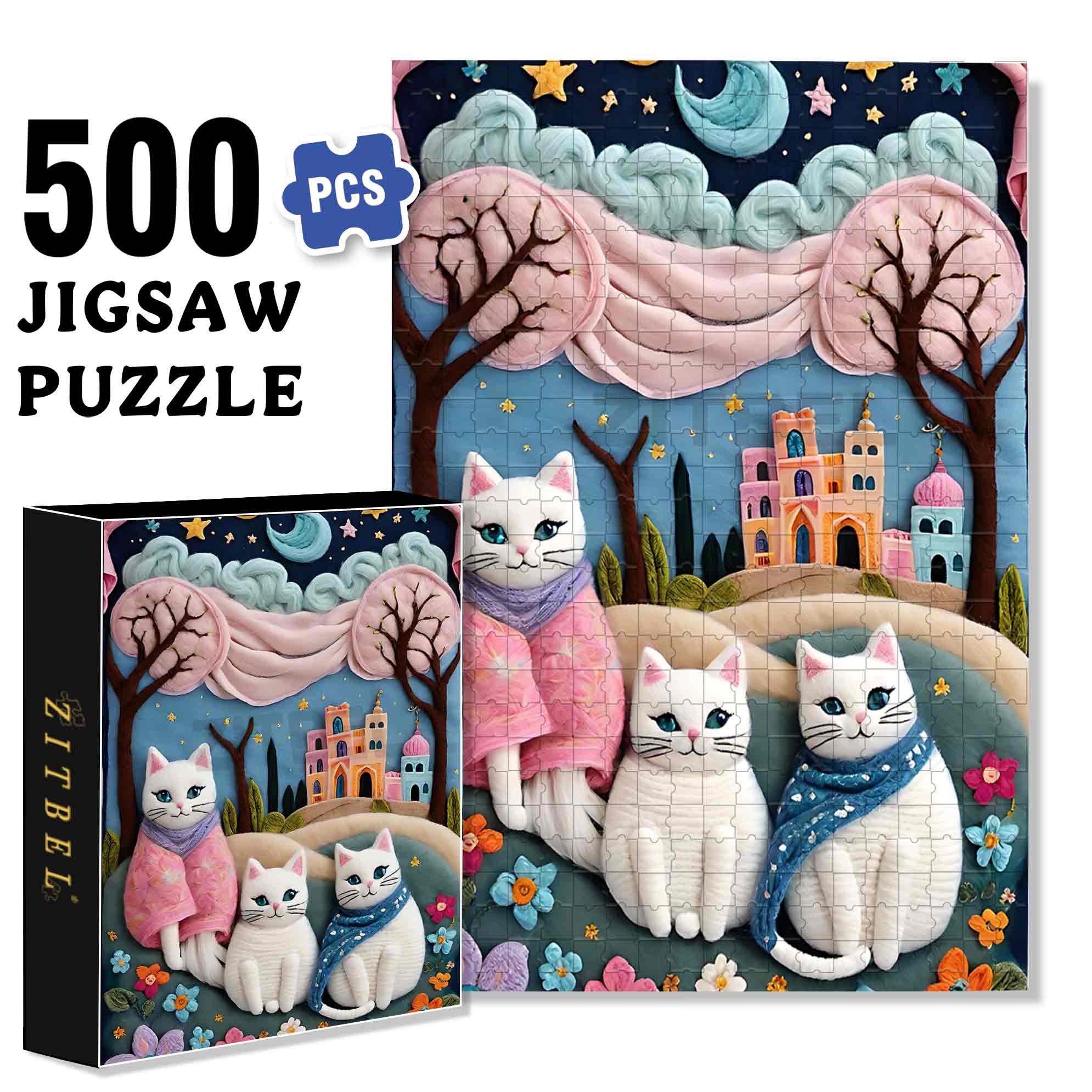 Three White Cats 500pcs/1000pcs Jigsaw Puzzle, Scratch-Resistant, Paper Material, Interactive Family Game & Brain-Boosting DIY Decor, Perfect for Halloween, Christmas & New Year Gifts, Family Puzzle Game