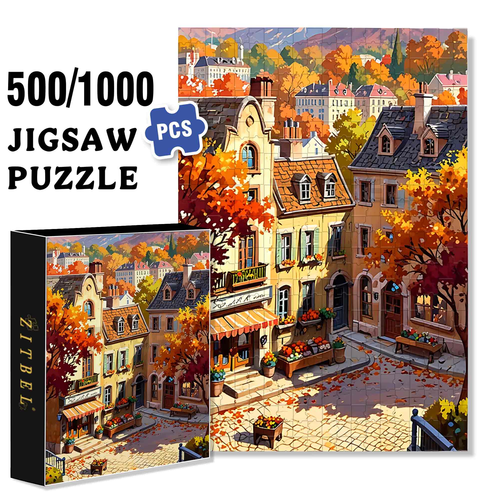 Autumn Building 500pcs/1000pcs Jigsaw Puzzle, Scratch-Resistant, Paper Material, Interactive Family Game & Brain-Boosting DIY Decor, Perfect for Halloween, Christmas & New Year Gifts, Family Puzzle Game