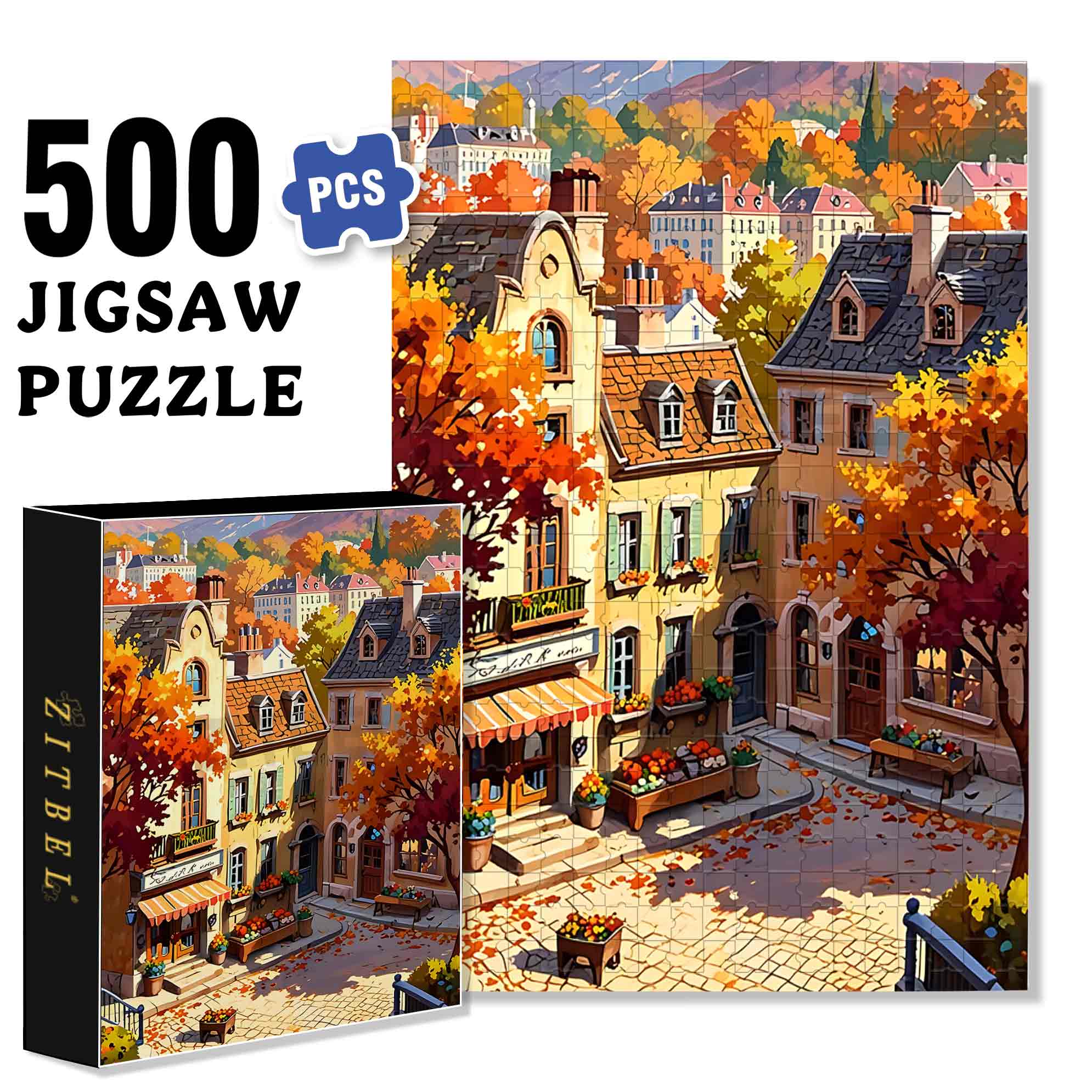 Autumn Building 500pcs/1000pcs Jigsaw Puzzle, Scratch-Resistant, Paper Material, Interactive Family Game & Brain-Boosting DIY Decor, Perfect for Halloween, Christmas & New Year Gifts, Family Puzzle Game