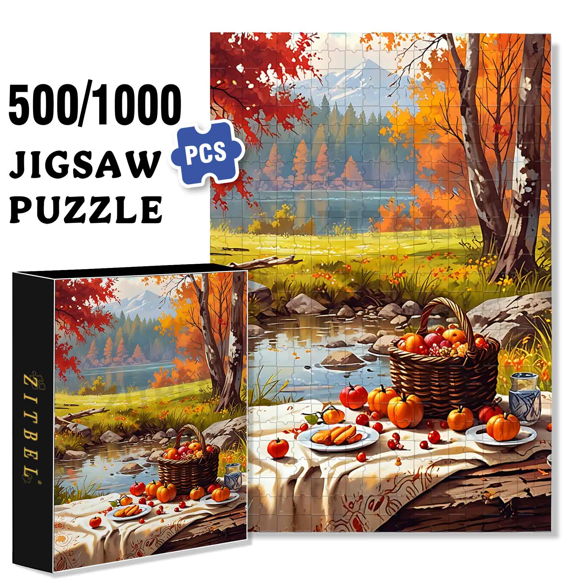 Autumn Picnic 500pcs/1000pcs Jigsaw Puzzle, Scratch-Resistant, Paper Material, Interactive Family Game & Brain-Boosting DIY Decor, Perfect for Halloween, Christmas & New Year Gifts, Family Puzzle Game