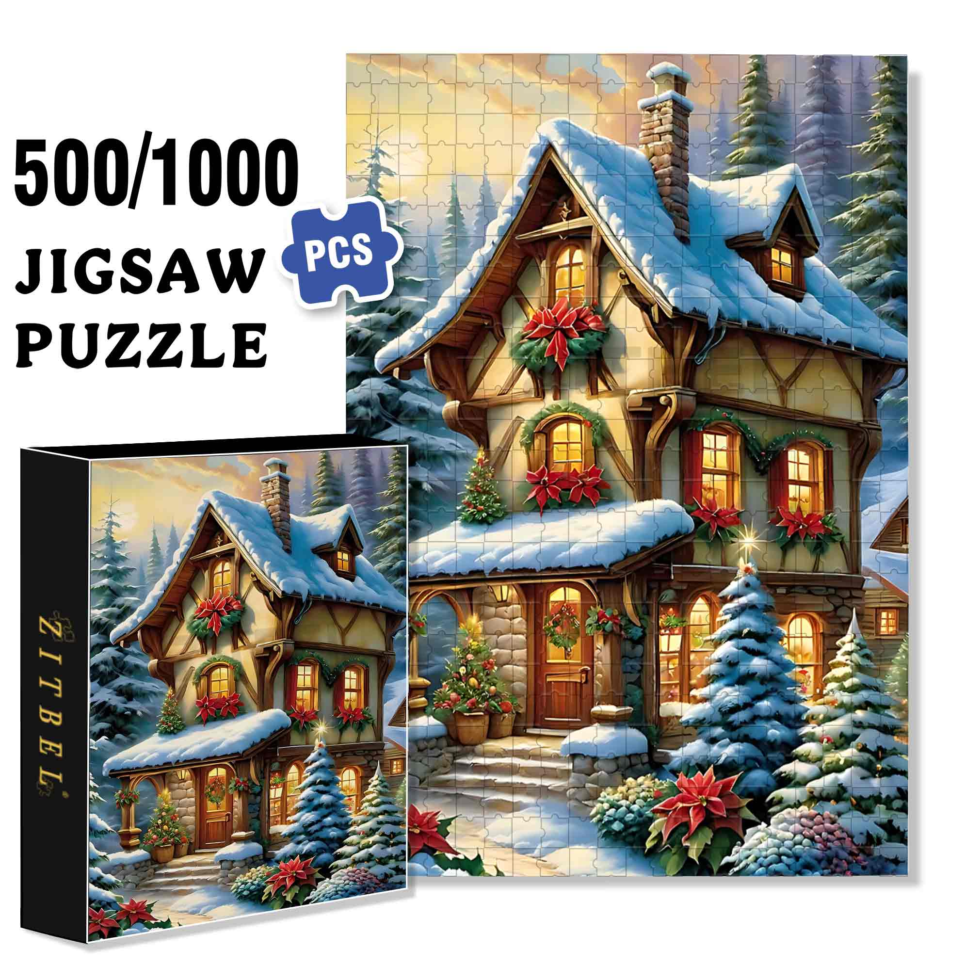 Christmas Snow House 500pcs/1000pcs Jigsaw Puzzle, Scratch-Resistant, Paper Material, Interactive Family Game & Brain-Boosting DIY Decor, Perfect for Halloween, Christmas & New Year Gifts, Family Puzzle Game