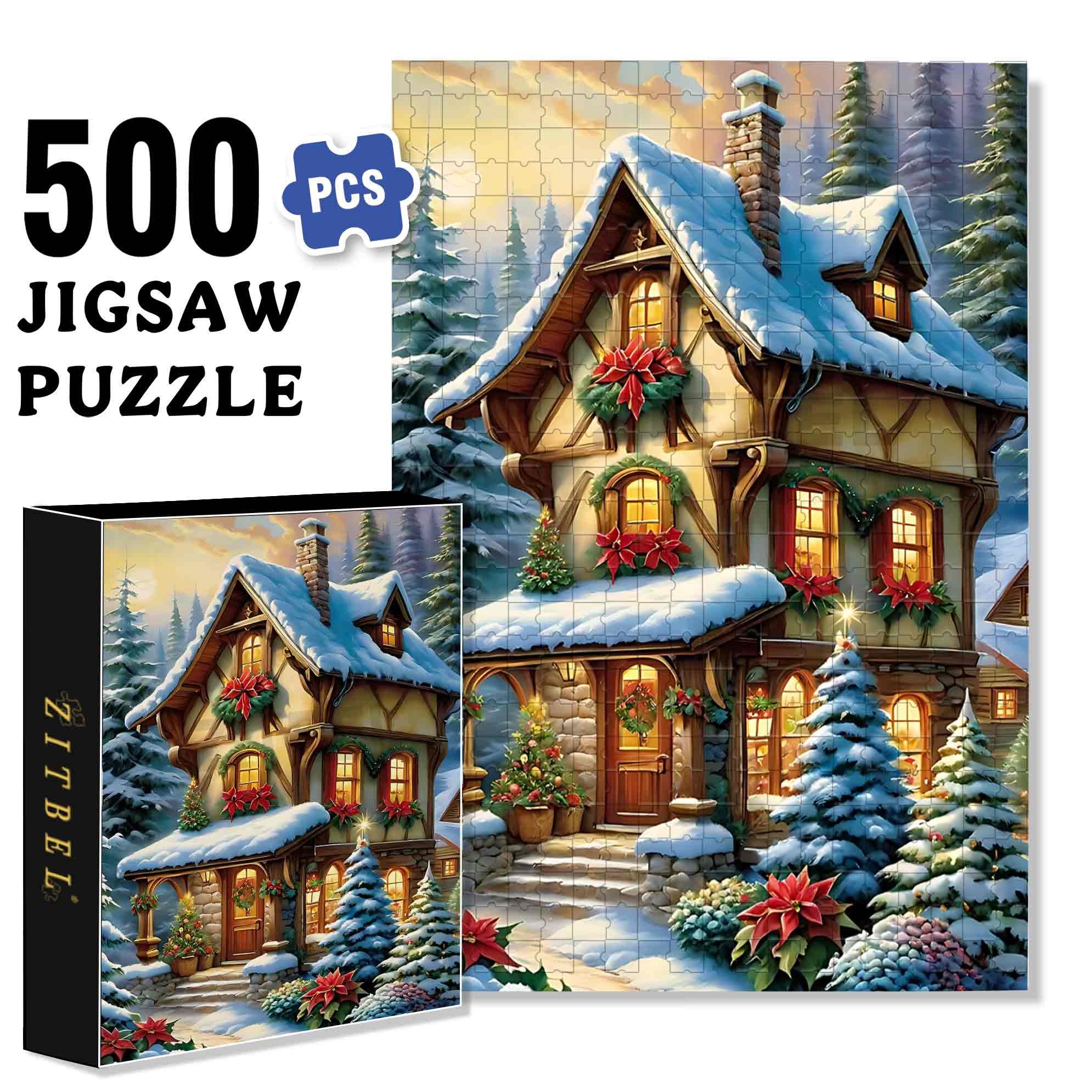 Christmas Snow House 500pcs/1000pcs Jigsaw Puzzle, Scratch-Resistant, Paper Material, Interactive Family Game & Brain-Boosting DIY Decor, Perfect for Halloween, Christmas & New Year Gifts, Family Puzzle Game
