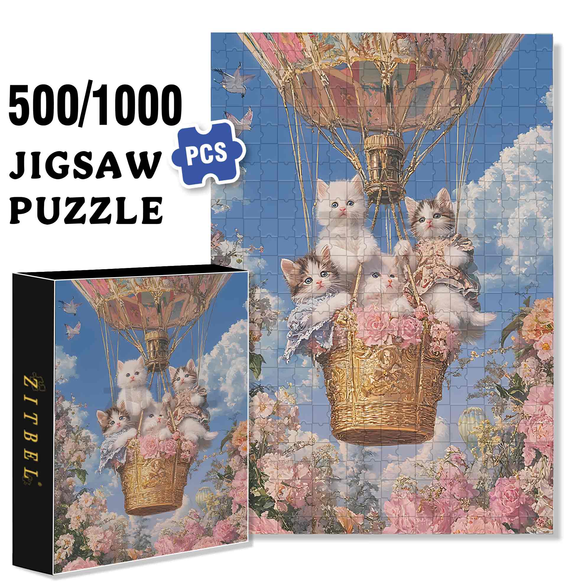 Cute White Cats 500pcs/1000pcs Jigsaw Puzzle, Scratch-Resistant, Paper Material, Interactive Family Game & Brain-Boosting DIY Decor, Perfect for Halloween, Christmas & New Year Gifts, Family Puzzle Game