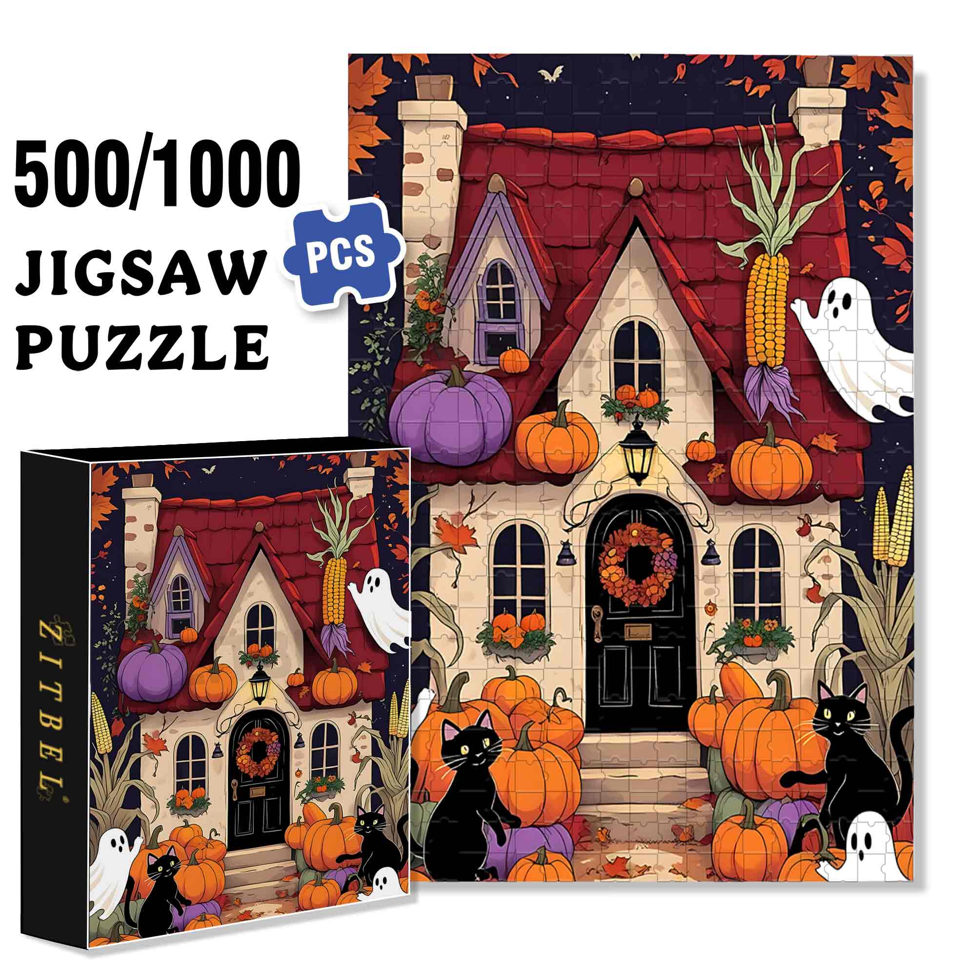 Enchanting Halloween Cottage With Black Cats And Pumpkins 500pcs/1000pcs Jigsaw Puzzle, Scratch-Resistant, Paper Material, Interactive Family Game & Brain-Boosting DIY Decor, Perfect for Halloween, Christmas & New Year Gifts, Family Puzzle Game