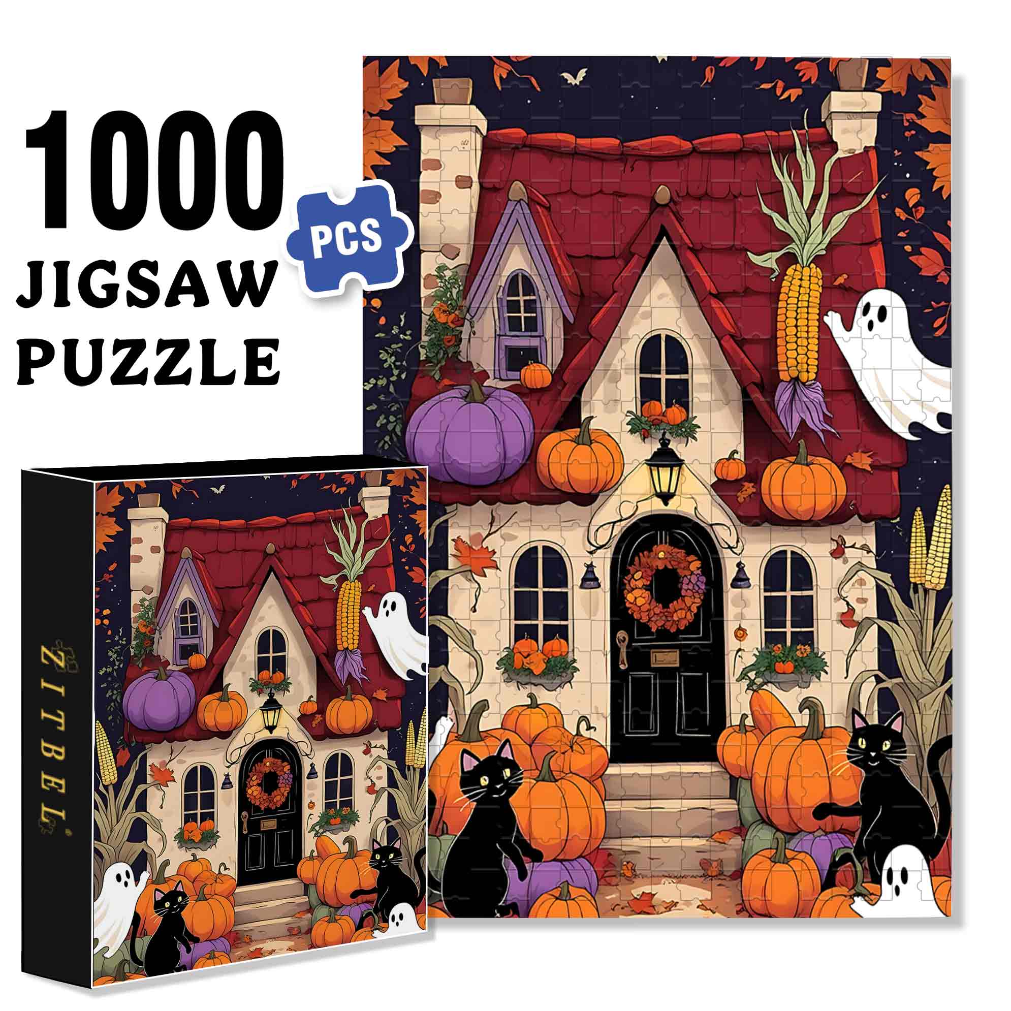 Enchanting Halloween Cottage With Black Cats And Pumpkins 500pcs/1000pcs Jigsaw Puzzle, Scratch-Resistant, Paper Material, Interactive Family Game & Brain-Boosting DIY Decor, Perfect for Halloween, Christmas & New Year Gifts, Family Puzzle Game