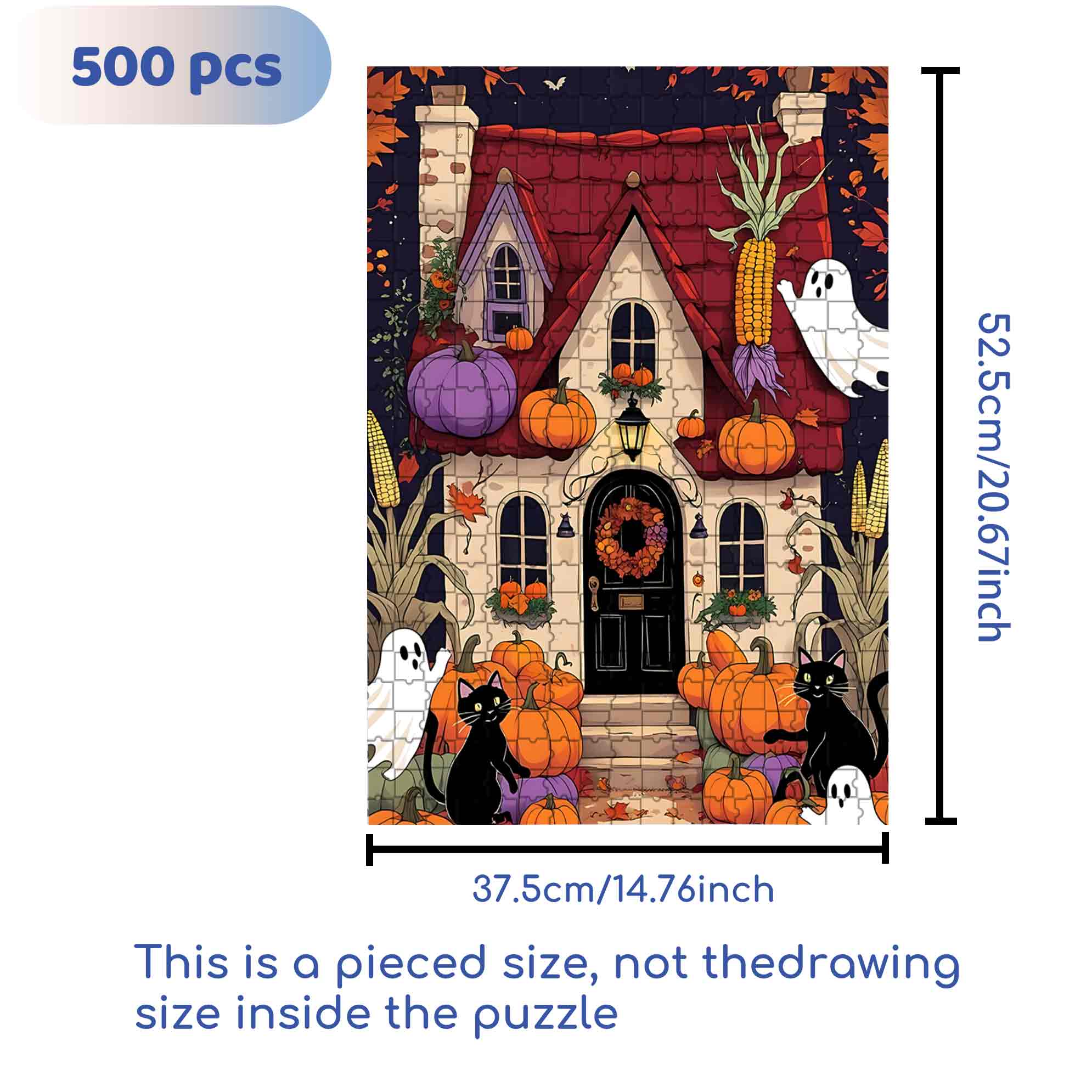 Enchanting Halloween Cottage With Black Cats And Pumpkins 500pcs/1000pcs Jigsaw Puzzle, Scratch-Resistant, Paper Material, Interactive Family Game & Brain-Boosting DIY Decor, Perfect for Halloween, Christmas & New Year Gifts, Family Puzzle Game
