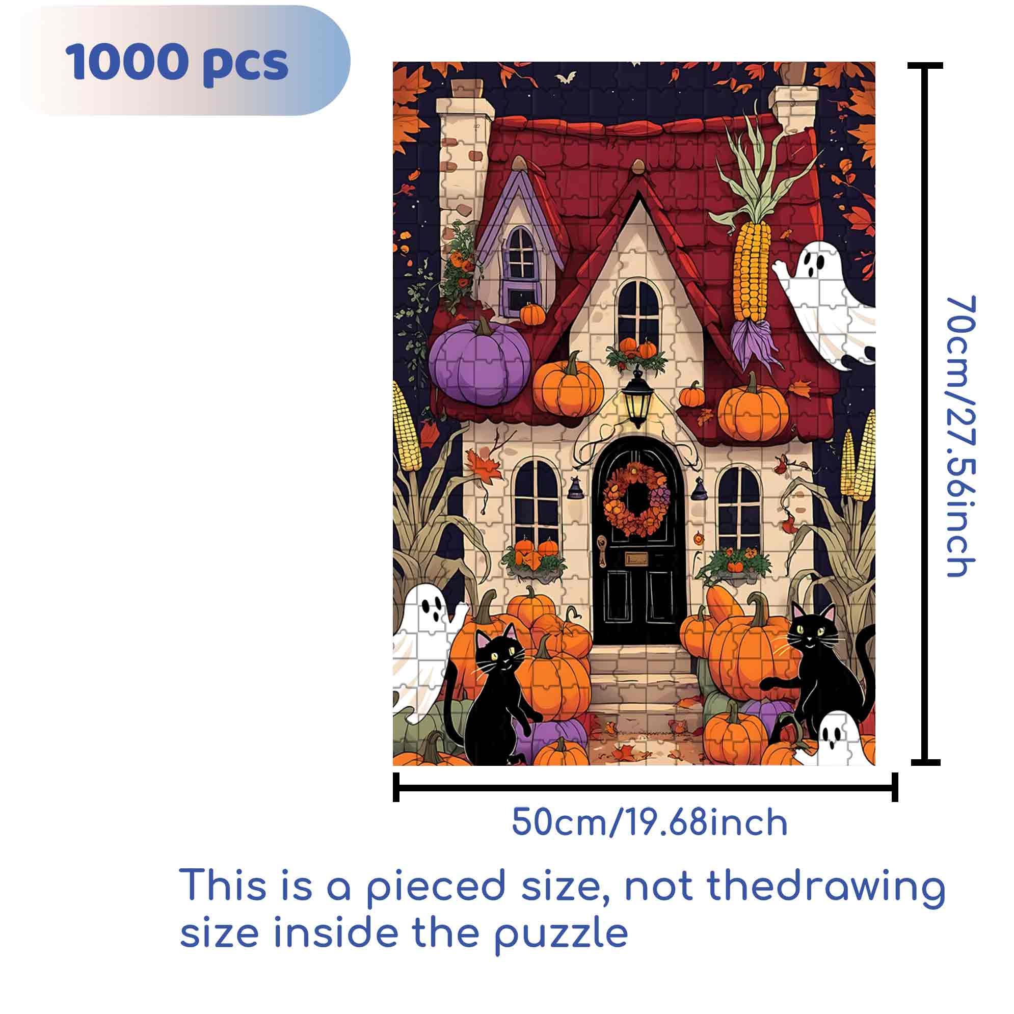 Enchanting Halloween Cottage With Black Cats And Pumpkins 500pcs/1000pcs Jigsaw Puzzle, Scratch-Resistant, Paper Material, Interactive Family Game & Brain-Boosting DIY Decor, Perfect for Halloween, Christmas & New Year Gifts, Family Puzzle Game