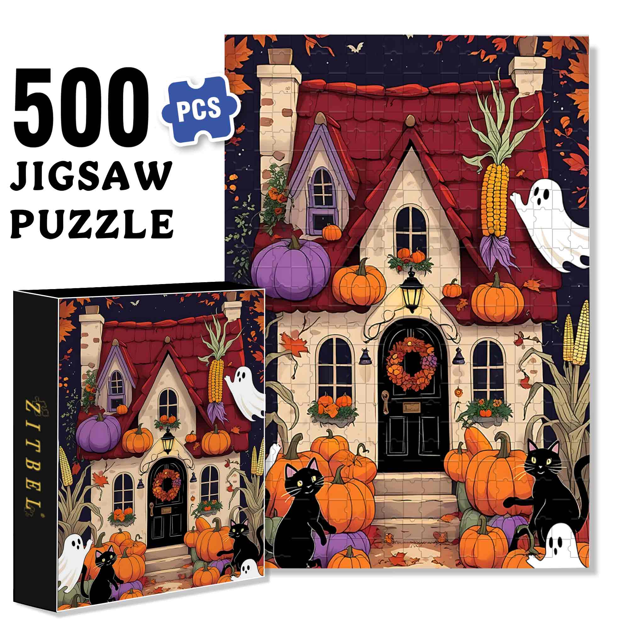 Enchanting Halloween Cottage With Black Cats And Pumpkins 500pcs/1000pcs Jigsaw Puzzle, Scratch-Resistant, Paper Material, Interactive Family Game & Brain-Boosting DIY Decor, Perfect for Halloween, Christmas & New Year Gifts, Family Puzzle Game