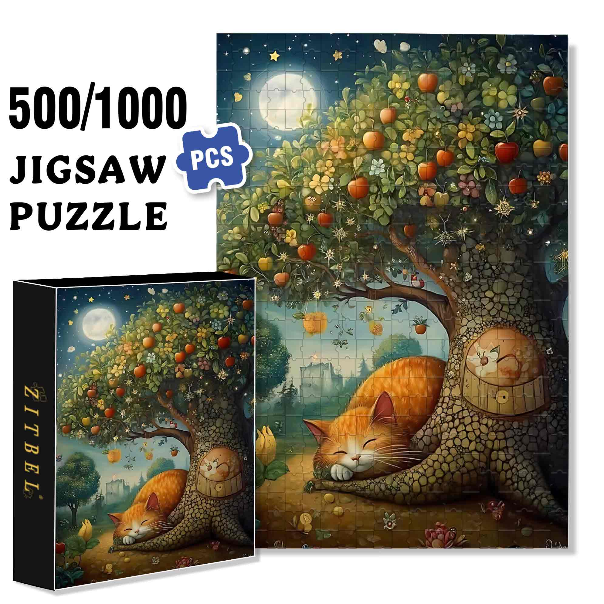 Fat Cat 500pcs/1000pcs Jigsaw Puzzle, Scratch-Resistant, Paper Material, Interactive Family Game & Brain-Boosting DIY Decor, Perfect for Halloween, Christmas & New Year Gifts, Family Puzzle Game