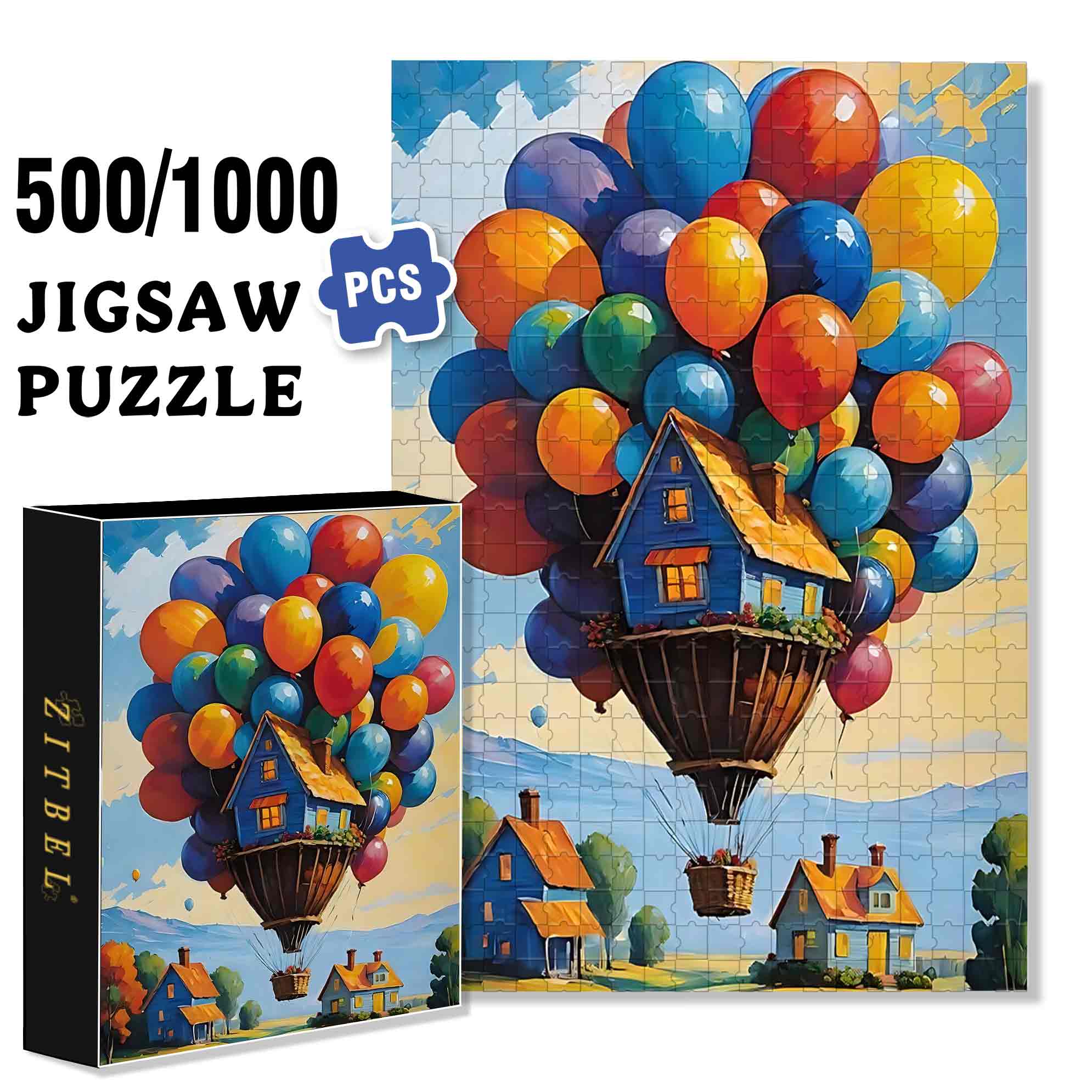 Flying House 500pcs/1000pcs Jigsaw Puzzle, Scratch-Resistant, Paper Material, Interactive Family Game & Brain-Boosting DIY Decor, Perfect for Halloween, Christmas & New Year Gifts, Family Puzzle Game