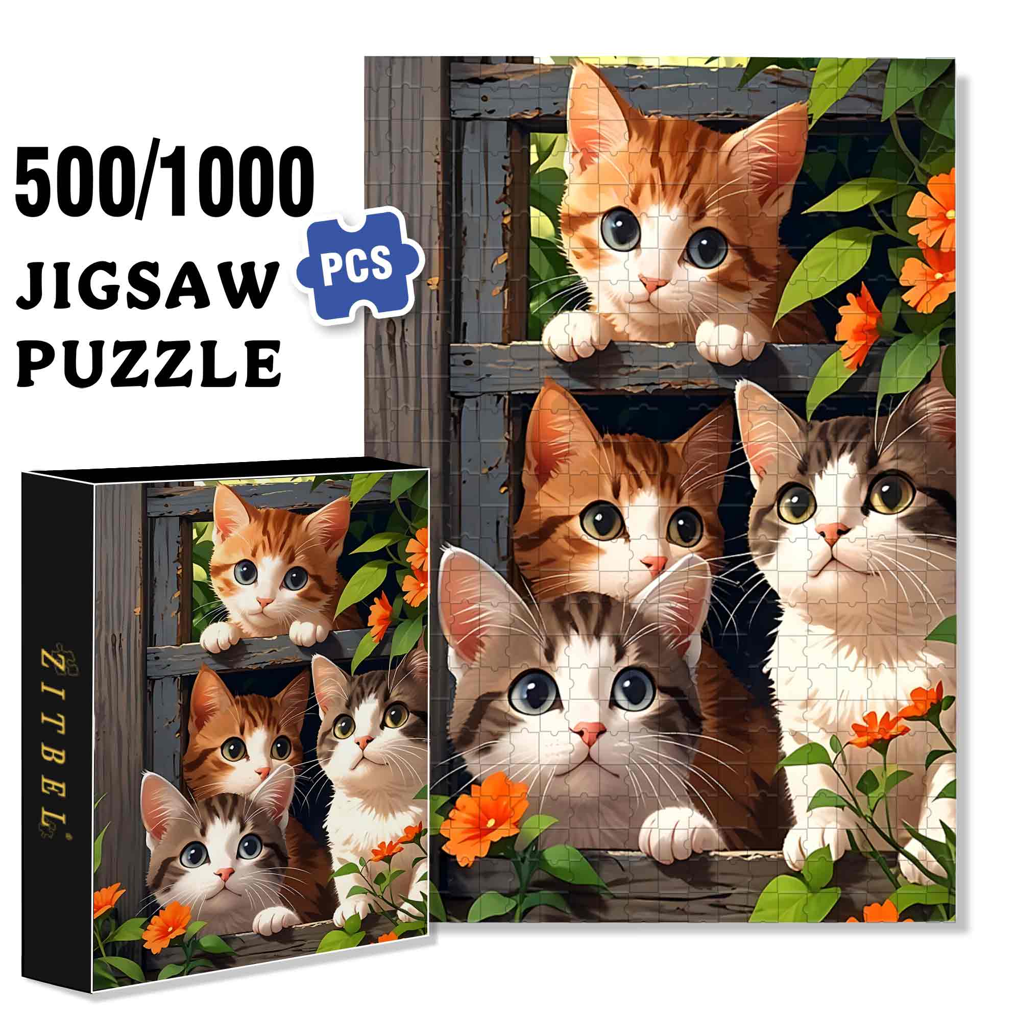 Four Cats 500pcs/1000pcs Jigsaw Puzzle, Scratch-Resistant, Paper Material, Interactive Family Game & Brain-Boosting DIY Decor, Perfect for Halloween, Christmas & New Year Gifts, Family Puzzle Game