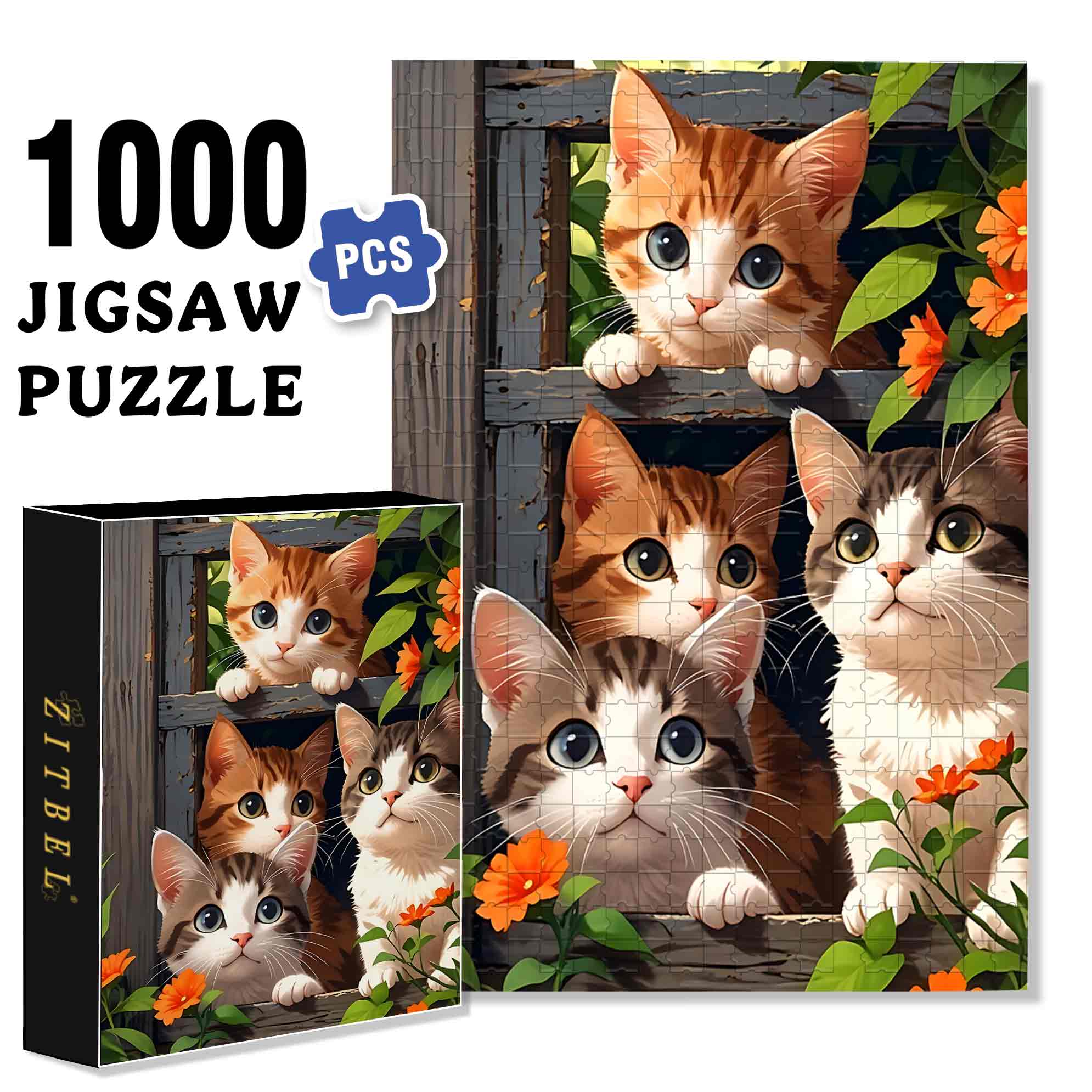 Four Cats 500pcs/1000pcs Jigsaw Puzzle, Scratch-Resistant, Paper Material, Interactive Family Game & Brain-Boosting DIY Decor, Perfect for Halloween, Christmas & New Year Gifts, Family Puzzle Game