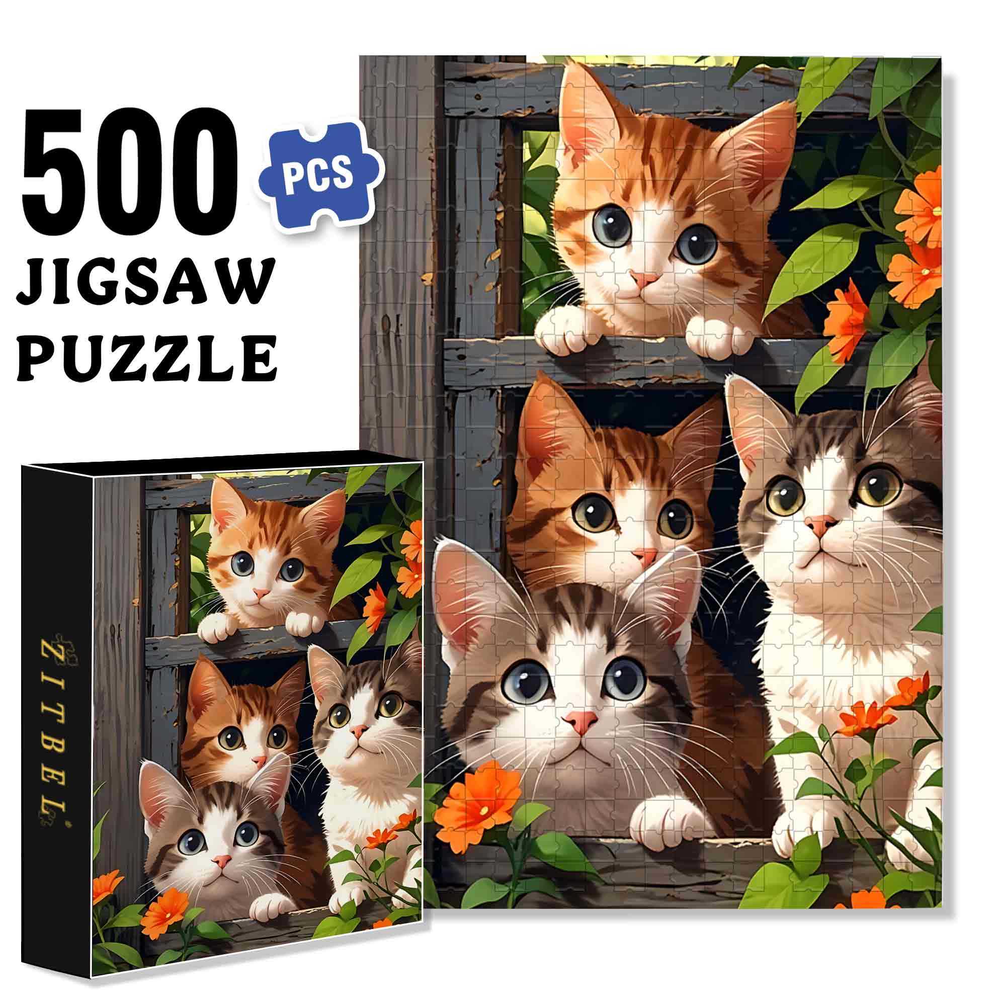 Four Cats 500pcs/1000pcs Jigsaw Puzzle, Scratch-Resistant, Paper Material, Interactive Family Game & Brain-Boosting DIY Decor, Perfect for Halloween, Christmas & New Year Gifts, Family Puzzle Game