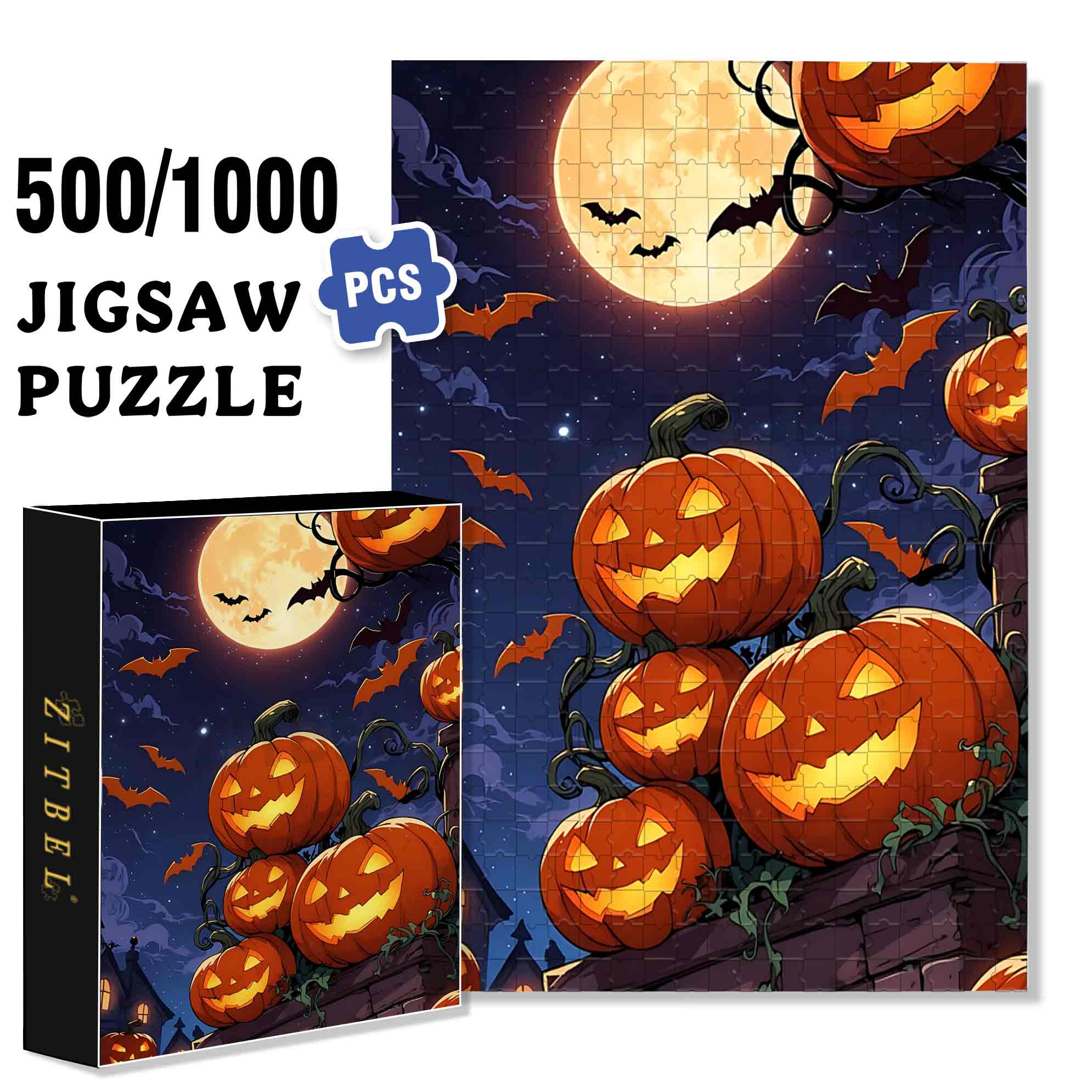 Halloween Pumkins 500pcs/1000pcs Jigsaw Puzzle, Scratch-Resistant, Paper Material, Interactive Family Game & Brain-Boosting DIY Decor, Perfect for Halloween, Christmas & New Year Gifts, Family Puzzle Game