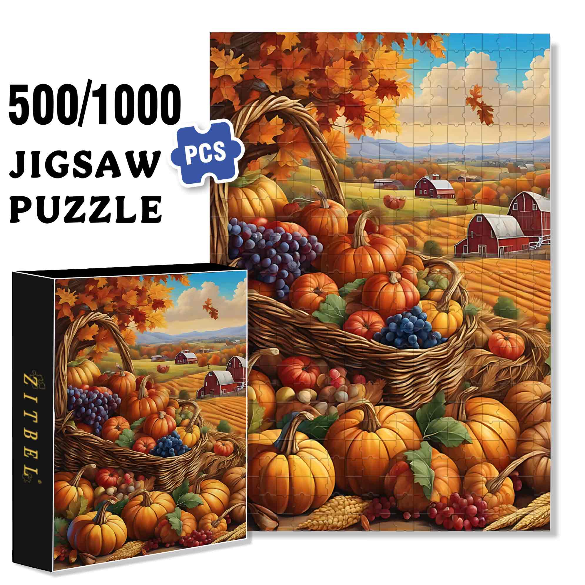 Pumpkin Harvest 500pcs/1000pcs Jigsaw Puzzle, Scratch-Resistant, Paper Material, Interactive Family Game & Brain-Boosting DIY Decor, Perfect for Halloween, Christmas & New Year Gifts, Family Puzzle Game