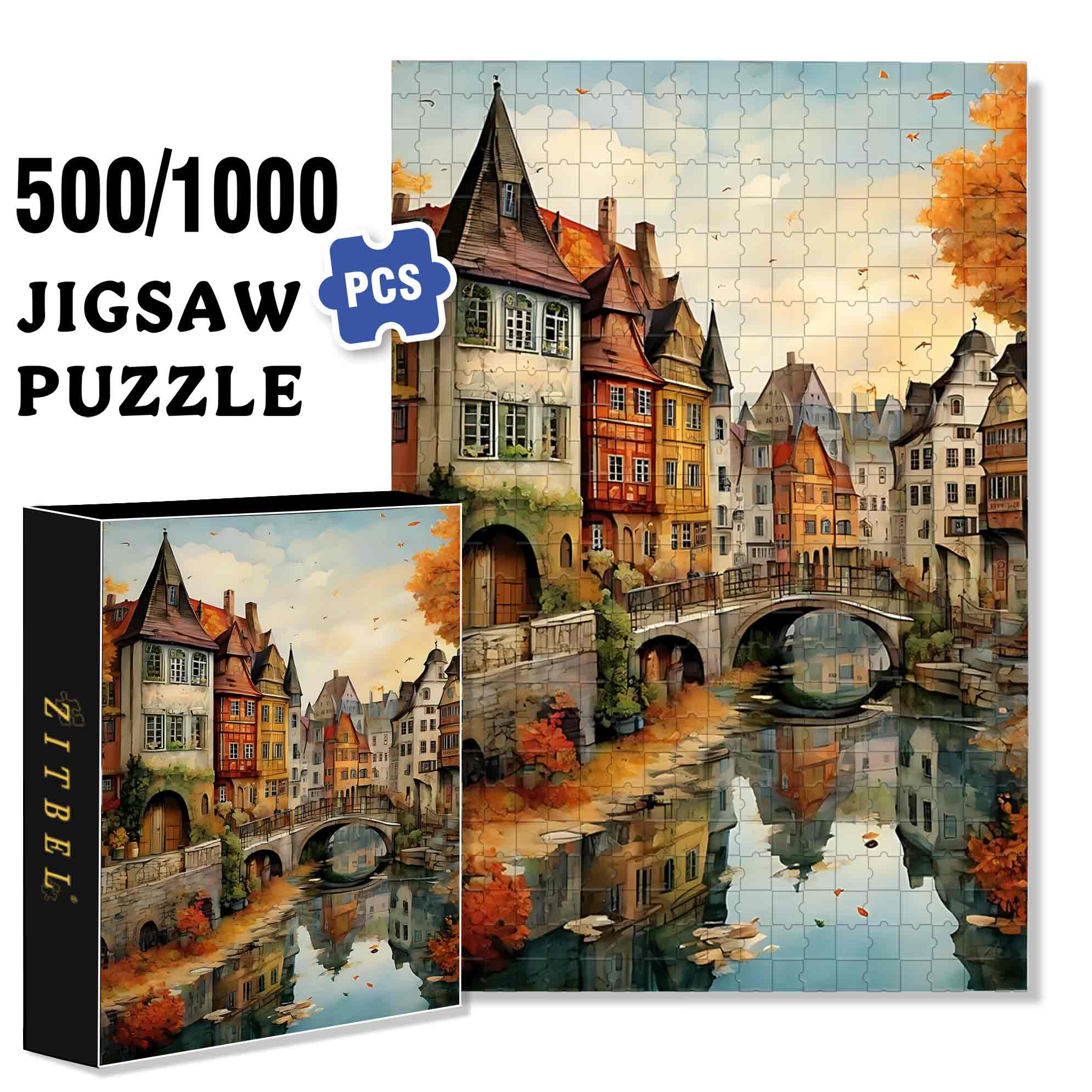 Riverside 500pcs/1000pcs Jigsaw Puzzle, Scratch-Resistant, Paper Material, Interactive Family Game & Brain-Boosting DIY Decor, Perfect for Halloween, Christmas & New Year Gifts, Family Puzzle Game