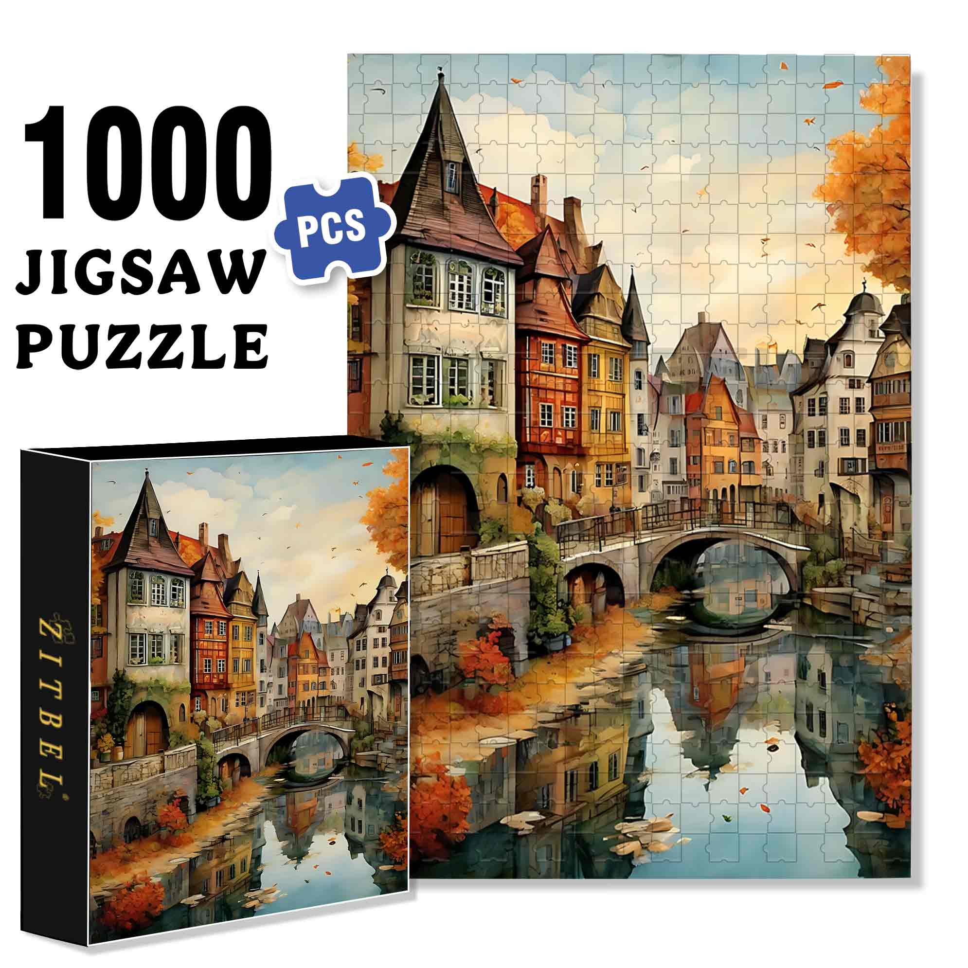 Riverside 500pcs/1000pcs Jigsaw Puzzle, Scratch-Resistant, Paper Material, Interactive Family Game & Brain-Boosting DIY Decor, Perfect for Halloween, Christmas & New Year Gifts, Family Puzzle Game