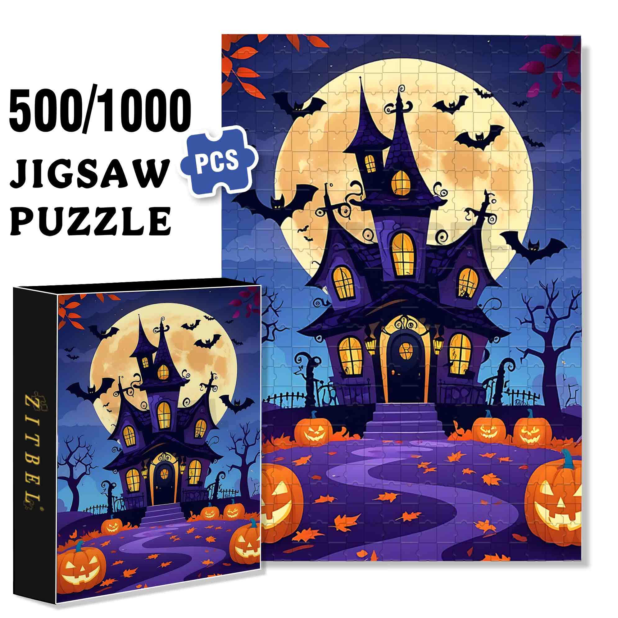 Whimsical Haunted House 500pcs/1000pcs Jigsaw Puzzle, Scratch-Resistant, Paper Material, Interactive Family Game & Brain-Boosting DIY Decor, Perfect for Halloween, Christmas & New Year Gifts, Family Puzzle Game