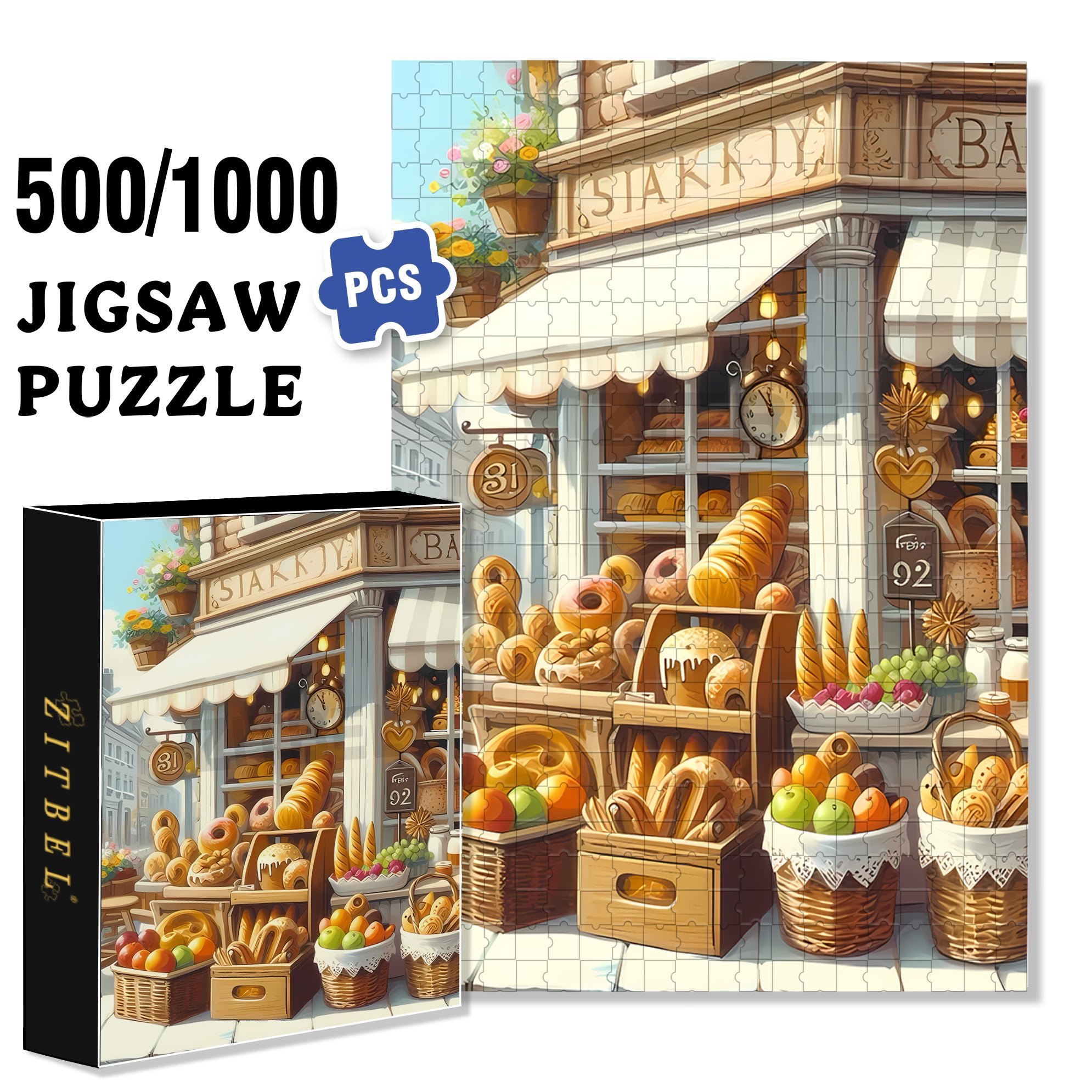 Bakery 500pcs/1000pcs Jigsaw Puzzle, Scratch-Resistant, Interactive Family Game & Brain-Boosting DIY Decor, Perfect for Halloween, Christmas & New Year Gifts, Family Puzzle Game