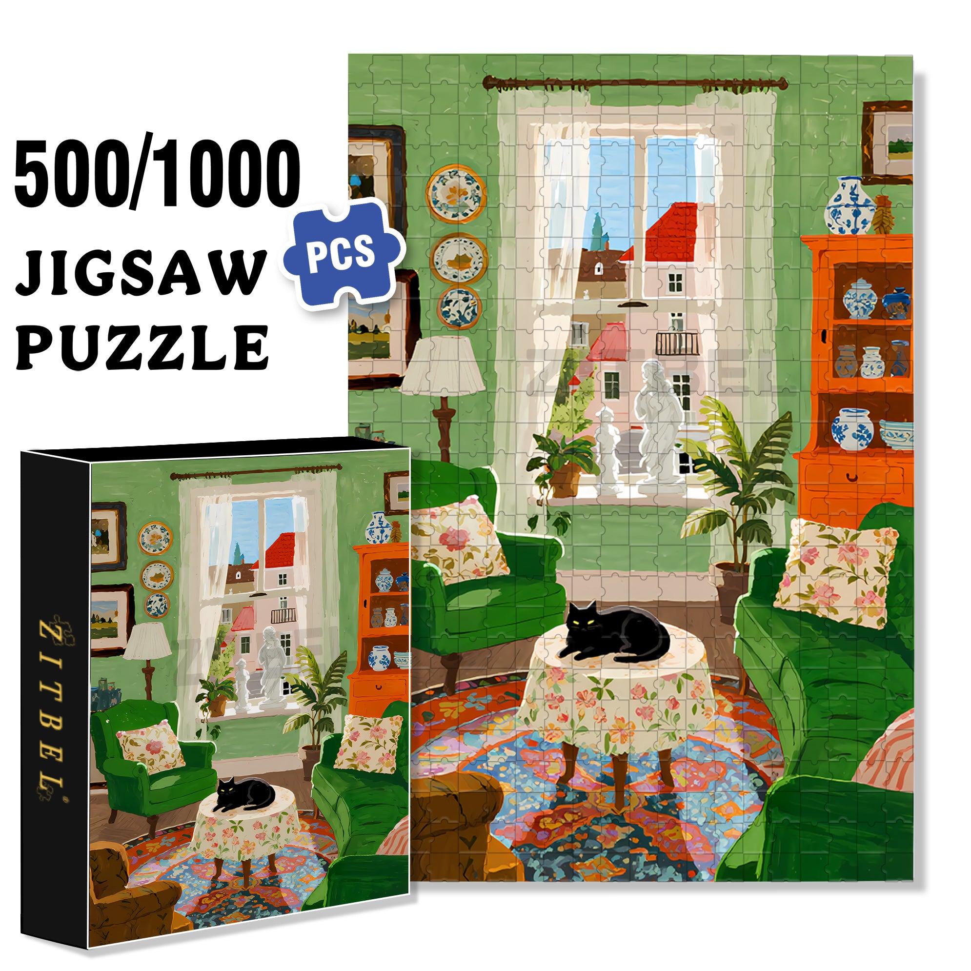 Black Cat 500pcs/1000pcs Jigsaw Puzzle, Scratch-Resistant, Interactive Family Game & Brain-Boosting DIY Decor, Perfect for Halloween, Christmas & New Year Gifts, Family Puzzle Game