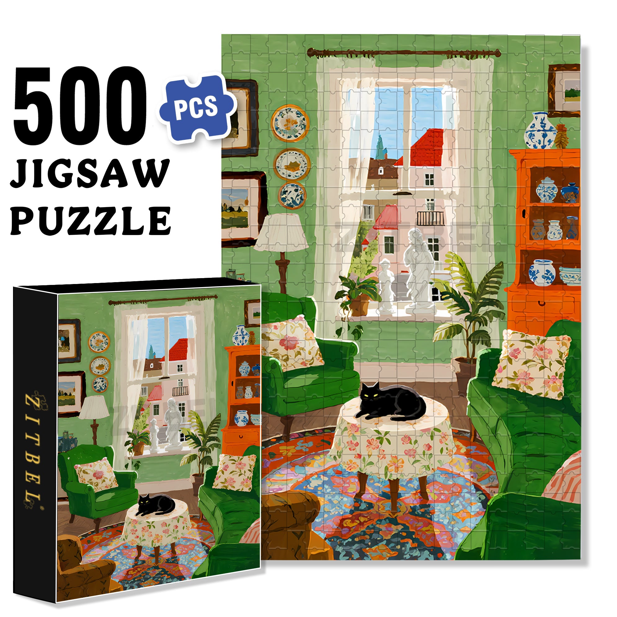 Black Cat 500pcs/1000pcs Jigsaw Puzzle, Scratch-Resistant, Interactive Family Game & Brain-Boosting DIY Decor, Perfect for Halloween, Christmas & New Year Gifts, Family Puzzle Game