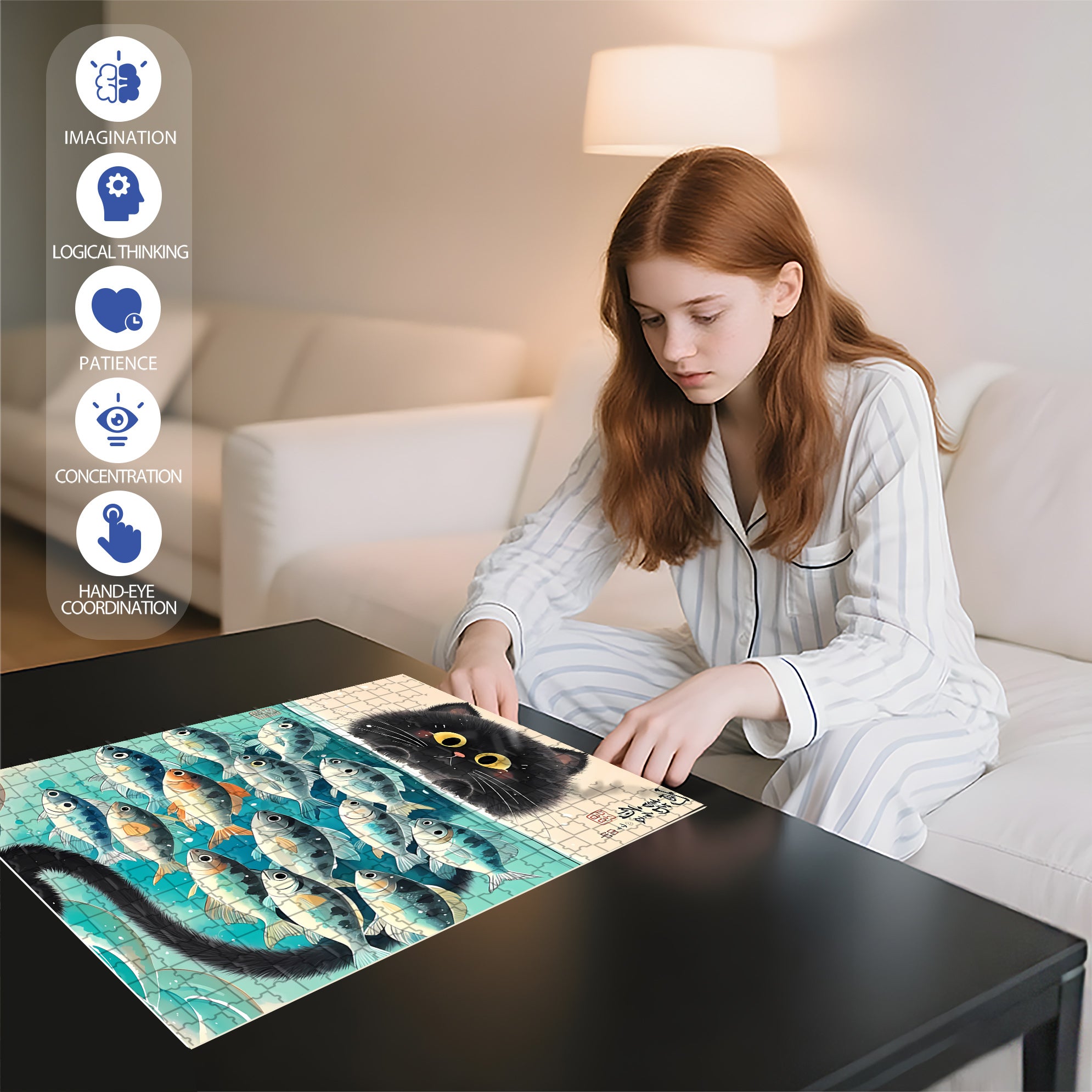 Fish & Cat 500pcs/1000pcs Jigsaw Puzzle, Scratch-Resistant, Interactive Family Game & Brain-Boosting DIY Decor, Perfect for Halloween, Christmas & New Year Gifts, Family Puzzle Game