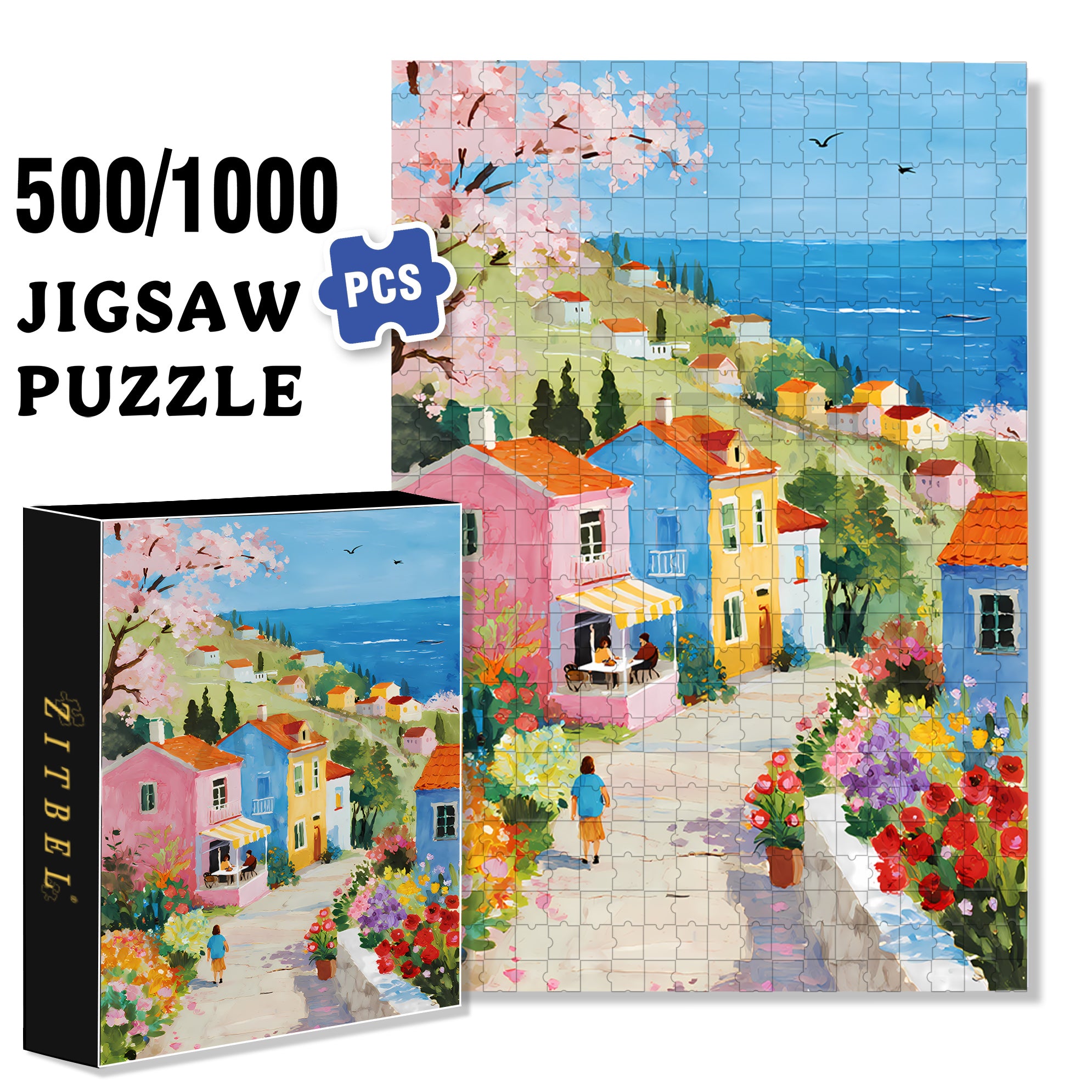 Seaside Town 500pcs/1000pcs Jigsaw Puzzle, Scratch-Resistant, Interactive Family Game & Brain-Boosting DIY Decor, Perfect for Halloween, Christmas & New Year Gifts, Family Puzzle Game