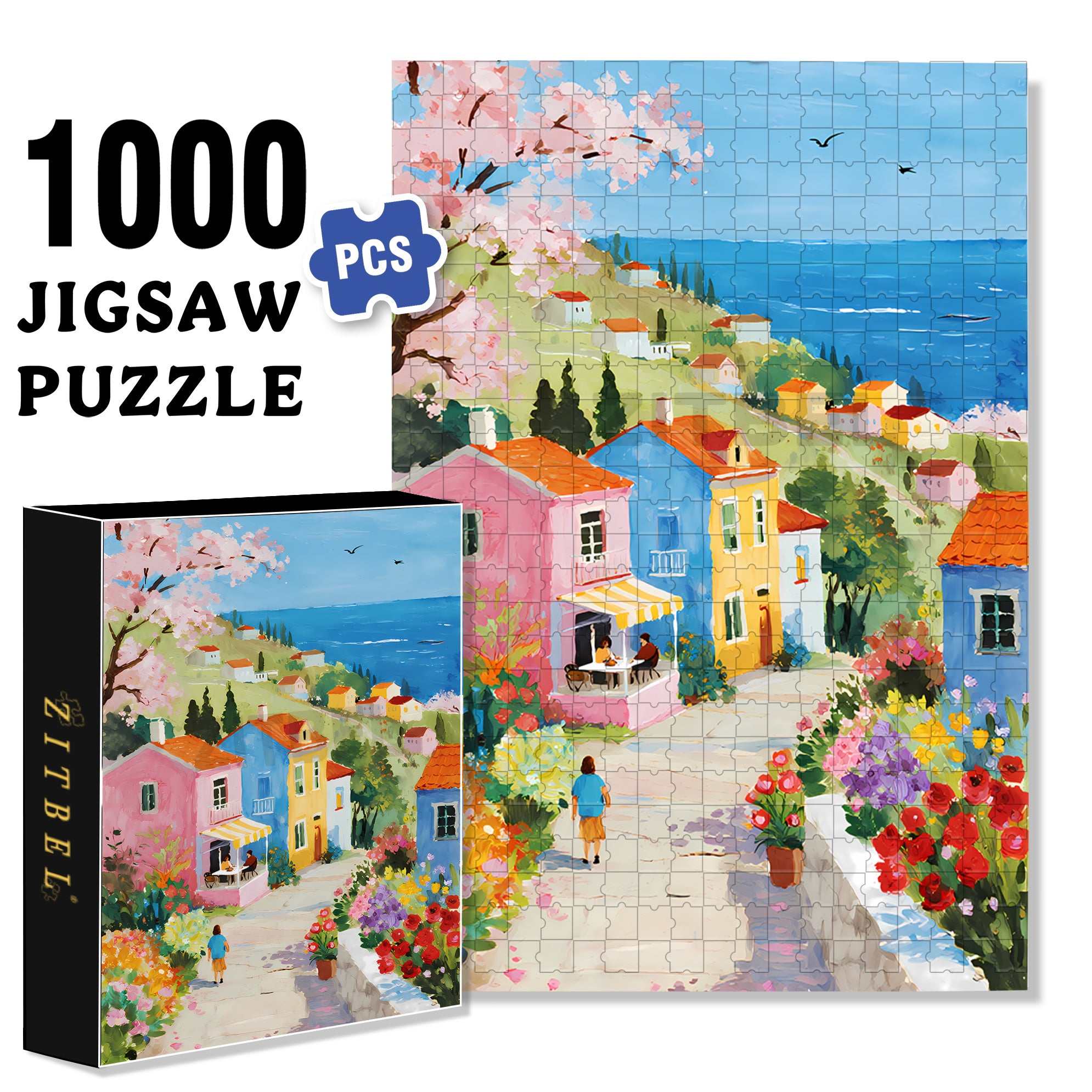 Seaside Town 500pcs/1000pcs Jigsaw Puzzle, Scratch-Resistant, Interactive Family Game & Brain-Boosting DIY Decor, Perfect for Halloween, Christmas & New Year Gifts, Family Puzzle Game