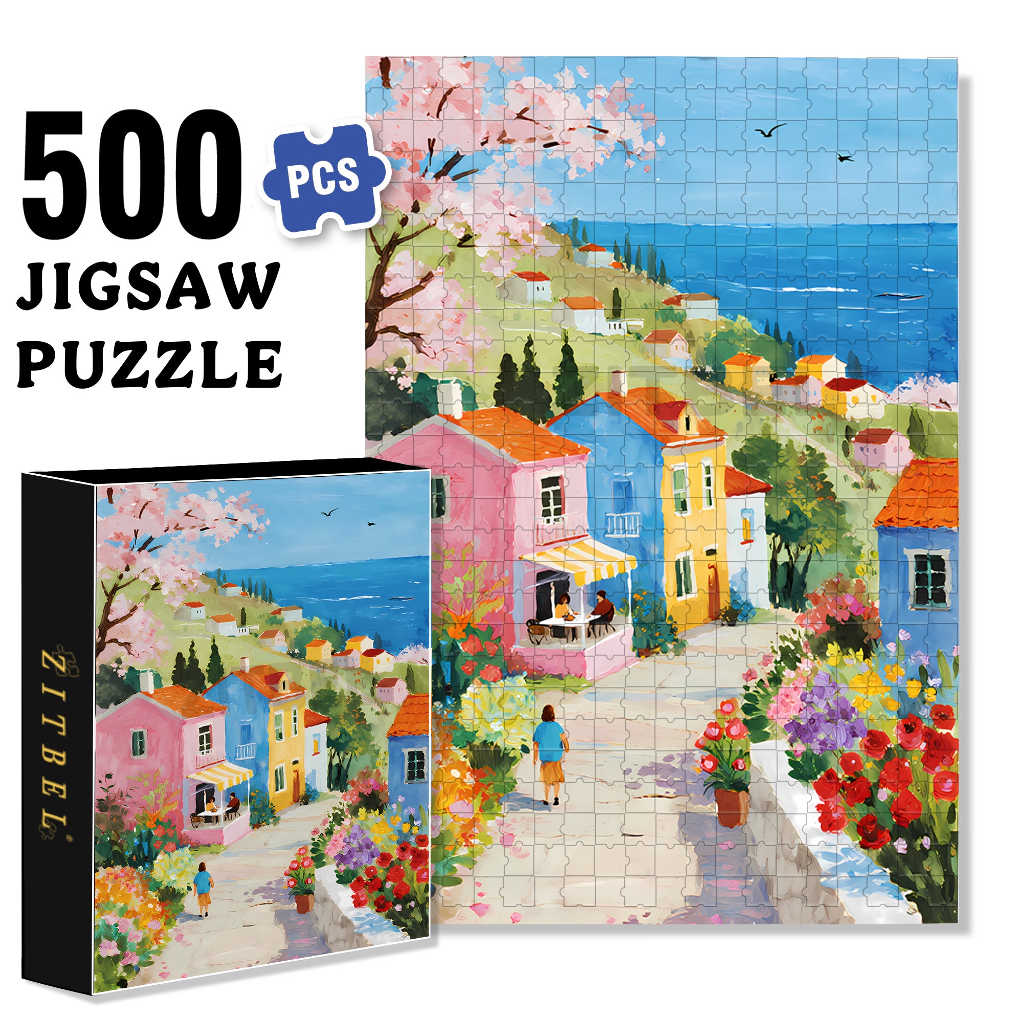 Seaside Town 500pcs/1000pcs Jigsaw Puzzle, Scratch-Resistant, Interactive Family Game & Brain-Boosting DIY Decor, Perfect for Halloween, Christmas & New Year Gifts, Family Puzzle Game