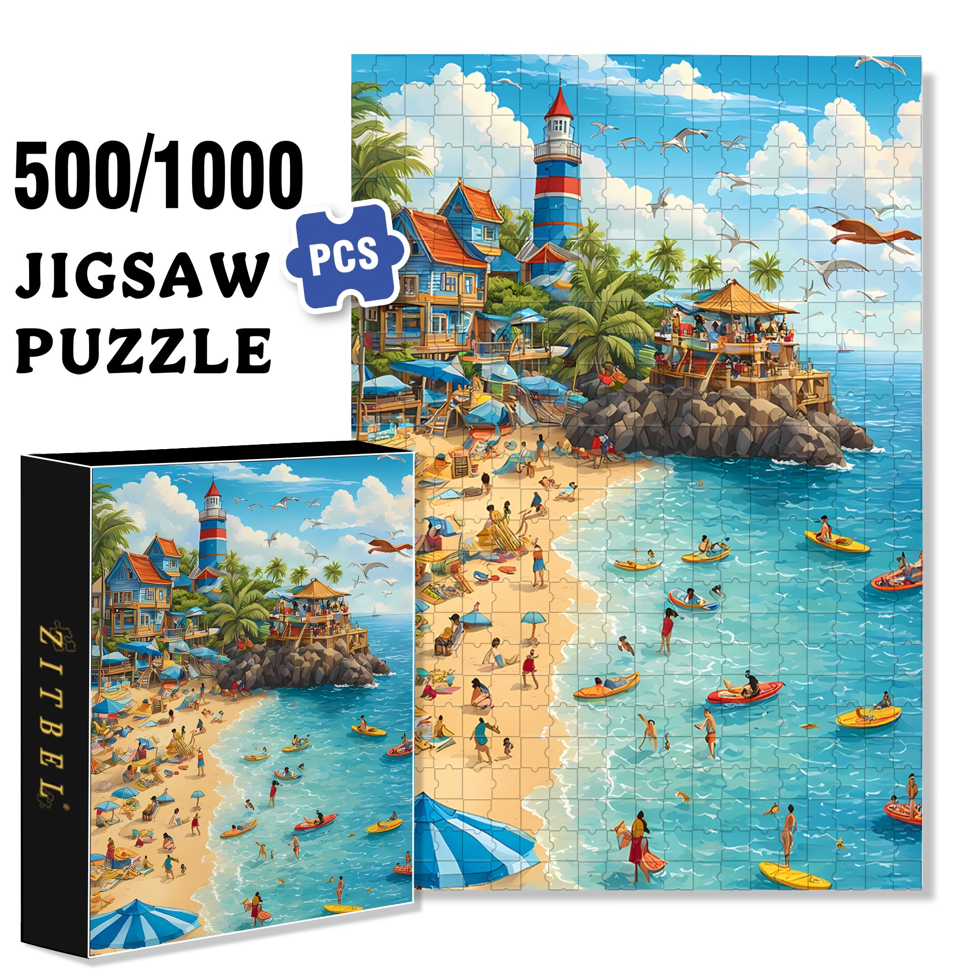 Sunny Beach Day Activities 500pcs/1000pcs Jigsaw Puzzle, Scratch-Resistant, Interactive Family Game & Brain-Boosting DIY Decor, Perfect for Halloween, Christmas & New Year Gifts, Family Puzzle Game