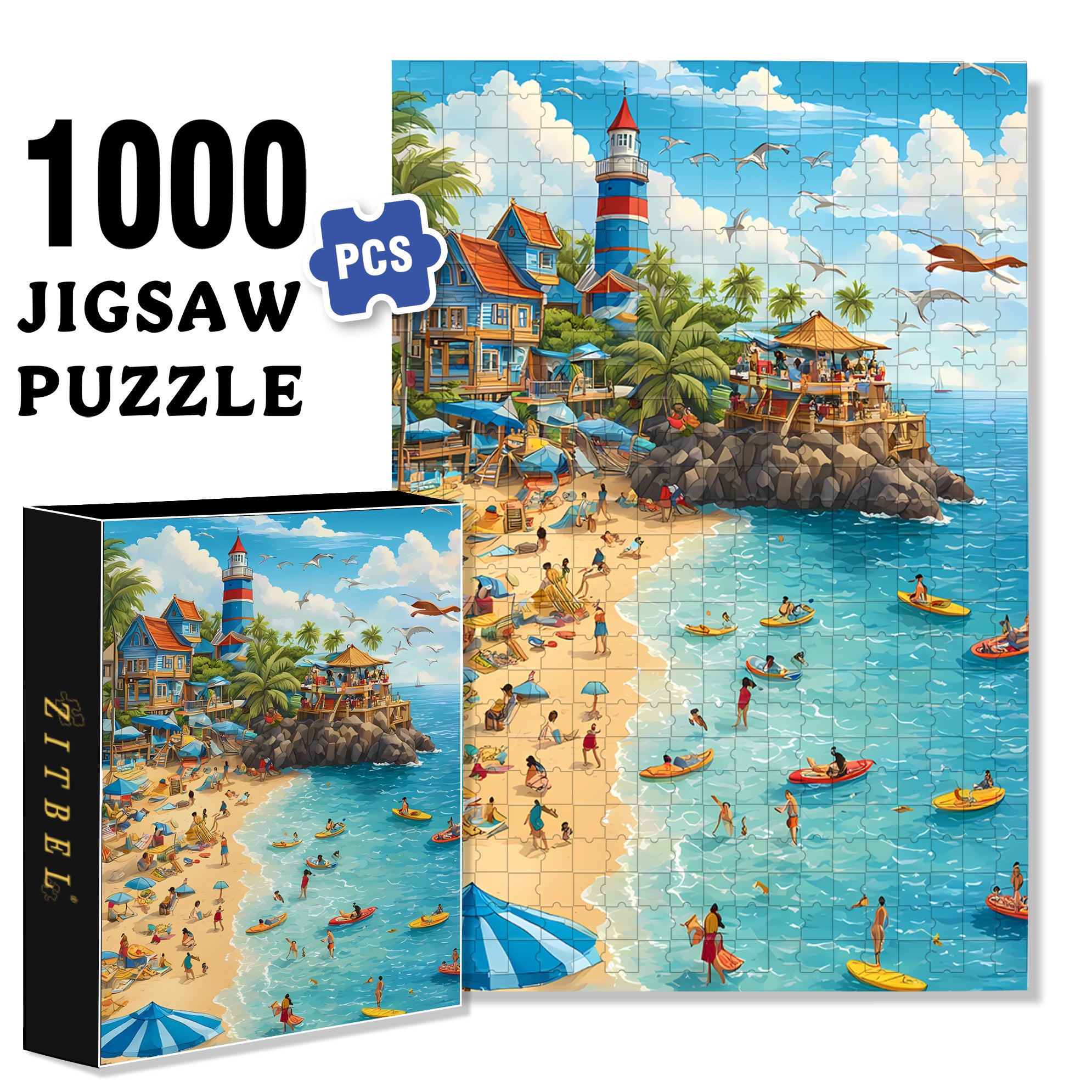 Sunny Beach Day Activities 500pcs/1000pcs Jigsaw Puzzle, Scratch-Resistant, Interactive Family Game & Brain-Boosting DIY Decor, Perfect for Halloween, Christmas & New Year Gifts, Family Puzzle Game