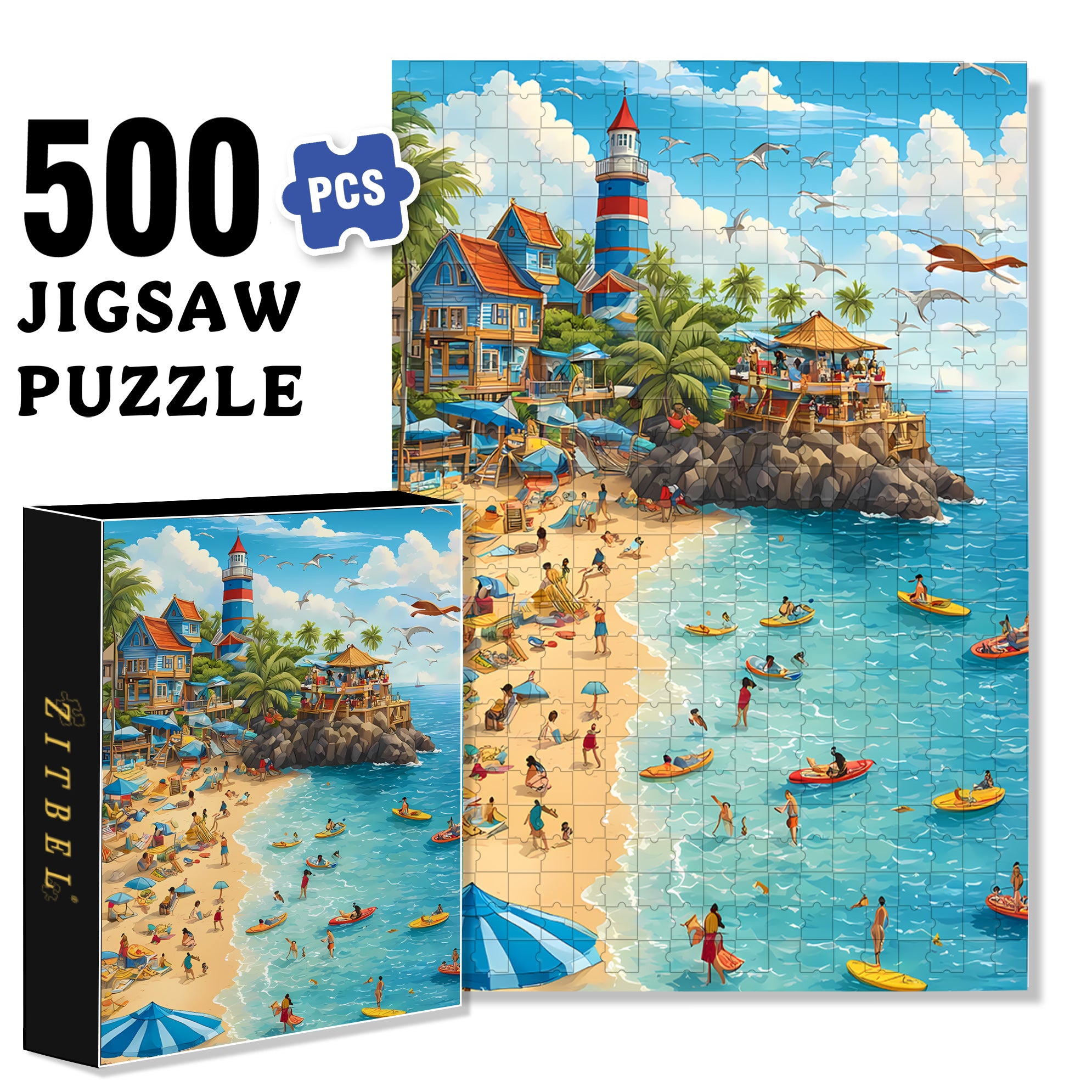 Sunny Beach Day Activities 500pcs/1000pcs Jigsaw Puzzle, Scratch-Resistant, Interactive Family Game & Brain-Boosting DIY Decor, Perfect for Halloween, Christmas & New Year Gifts, Family Puzzle Game