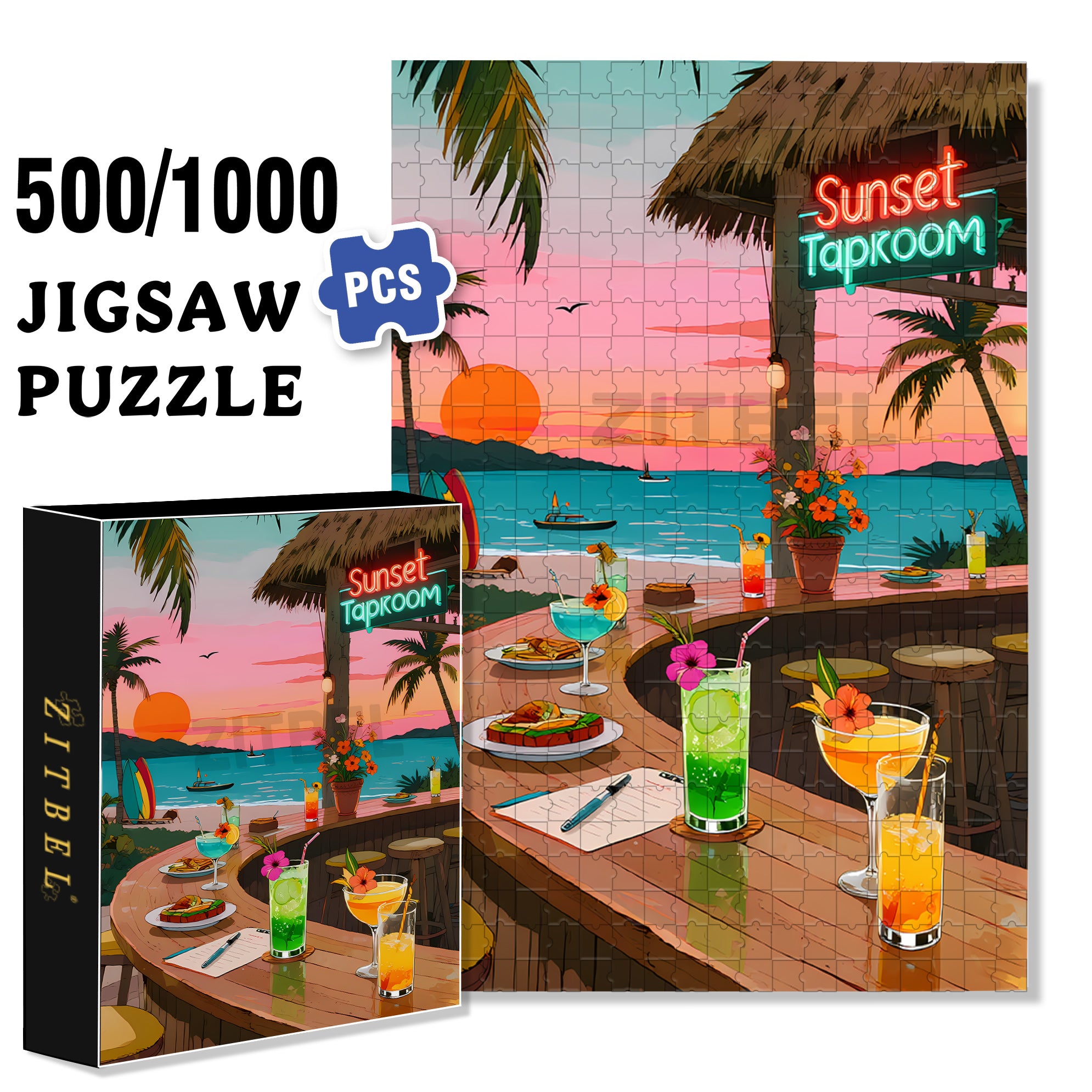 Beach Bar 500pcs/1000pcs Jigsaw Puzzle, Scratch-Resistant, Paper Material, Interactive Family Game & Brain-Boosting DIY Decor, Perfect for Halloween, Christmas & New Year Gifts, Family Puzzle Game
