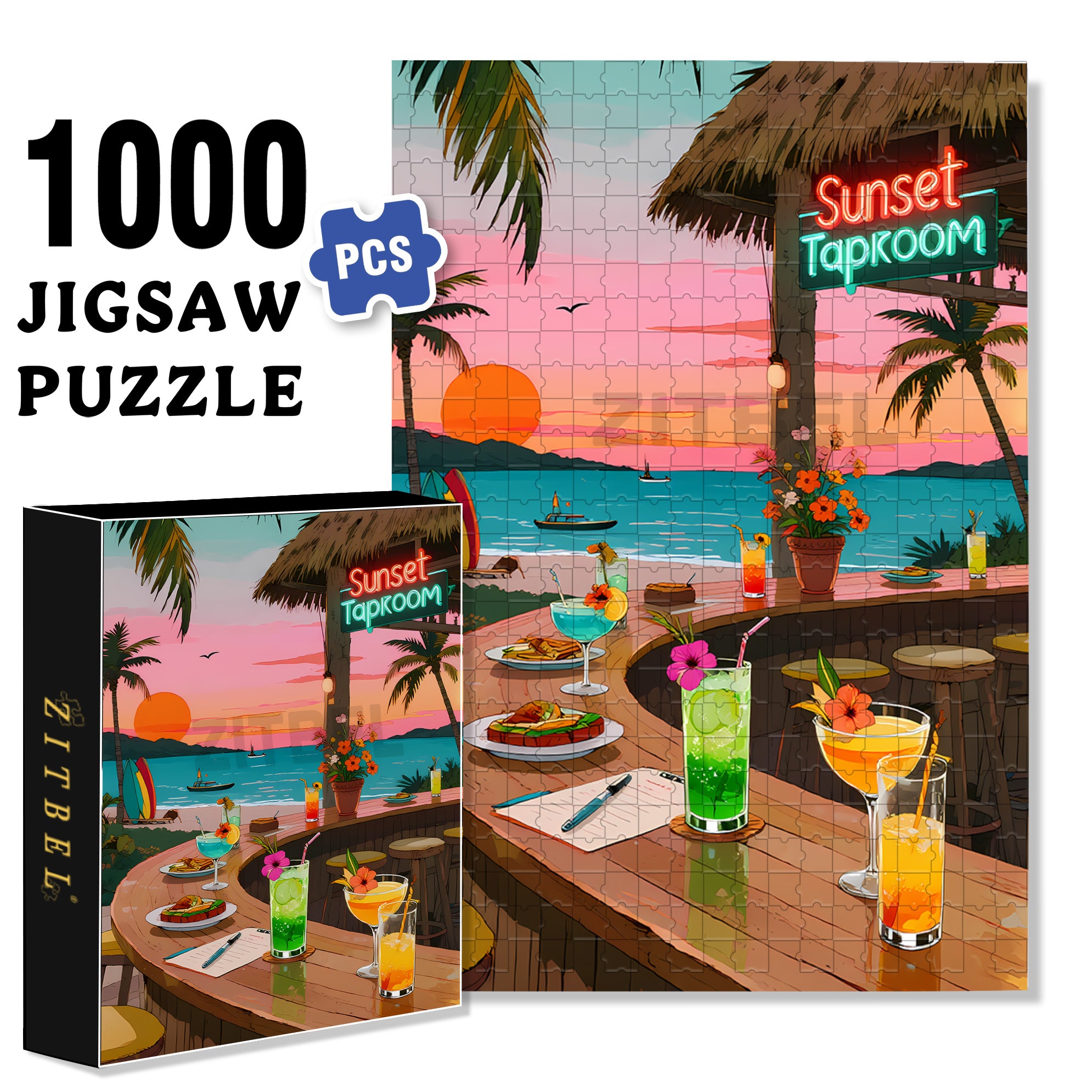 Beach Bar 500pcs/1000pcs Jigsaw Puzzle, Scratch-Resistant, Paper Material, Interactive Family Game & Brain-Boosting DIY Decor, Perfect for Halloween, Christmas & New Year Gifts, Family Puzzle Game