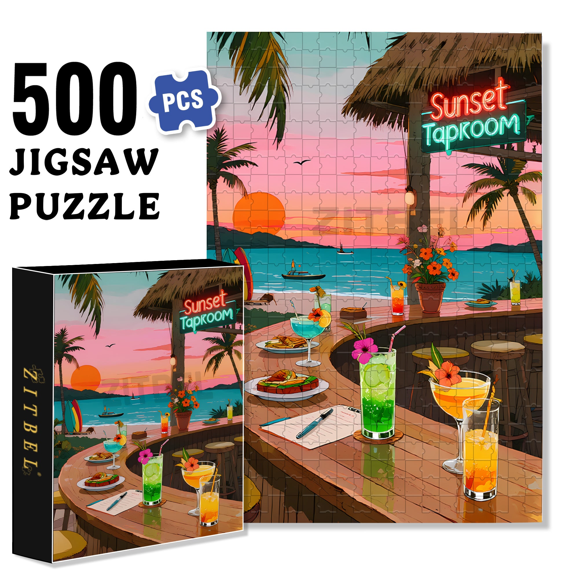 Beach Bar 500pcs/1000pcs Jigsaw Puzzle, Scratch-Resistant, Paper Material, Interactive Family Game & Brain-Boosting DIY Decor, Perfect for Halloween, Christmas & New Year Gifts, Family Puzzle Game